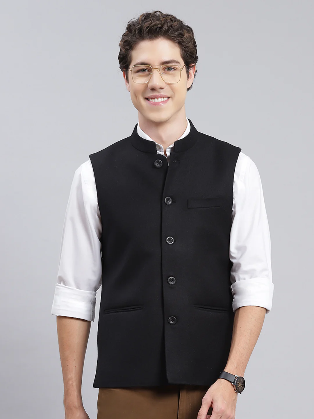 Men Black Solid Wool blend Coat - Image 2