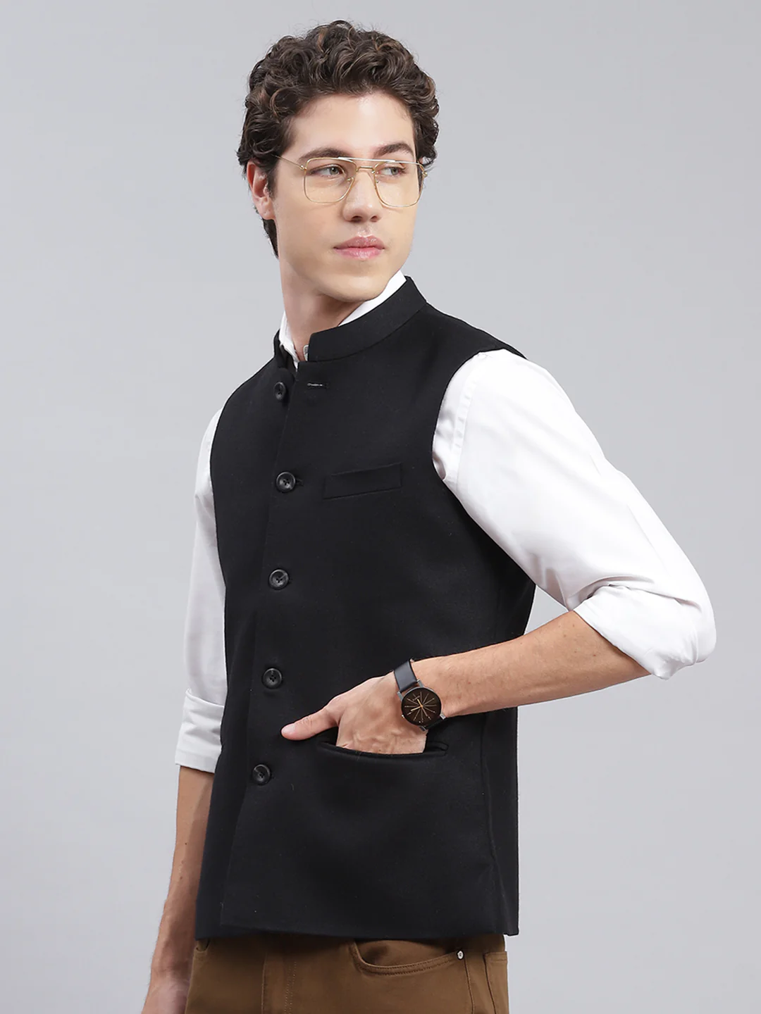 Men Black Solid Wool blend Coat - Image 4