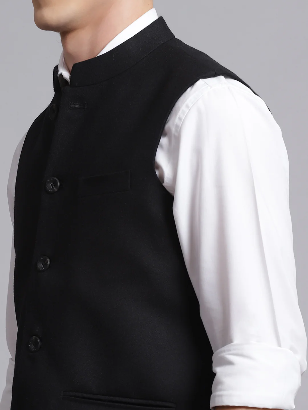 Men Black Solid Wool blend Coat - Image 6