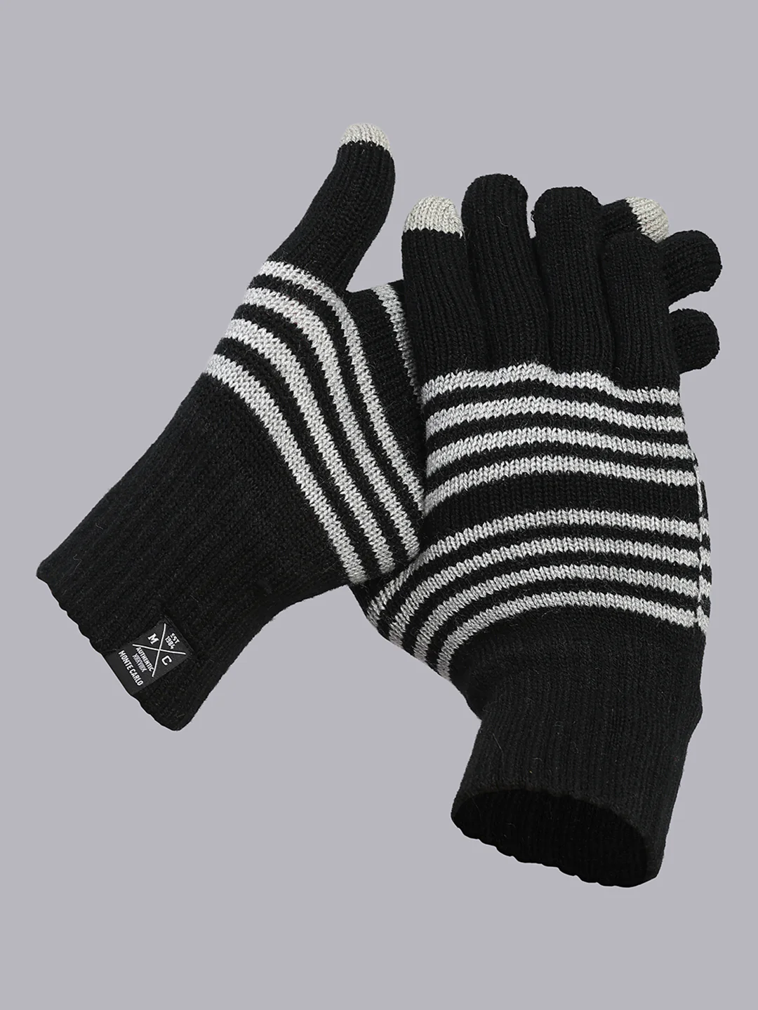 Men Black Stripe Blend Wool Gloves - Image 2