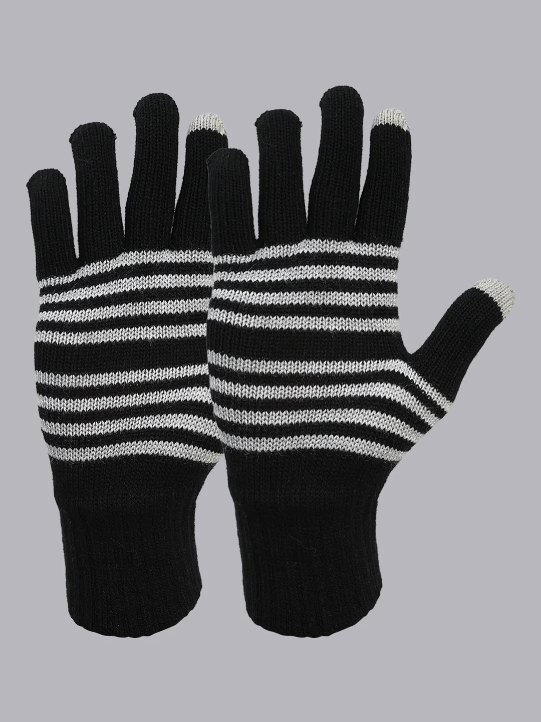 Men Black Stripe Blend Wool Gloves - Image 3