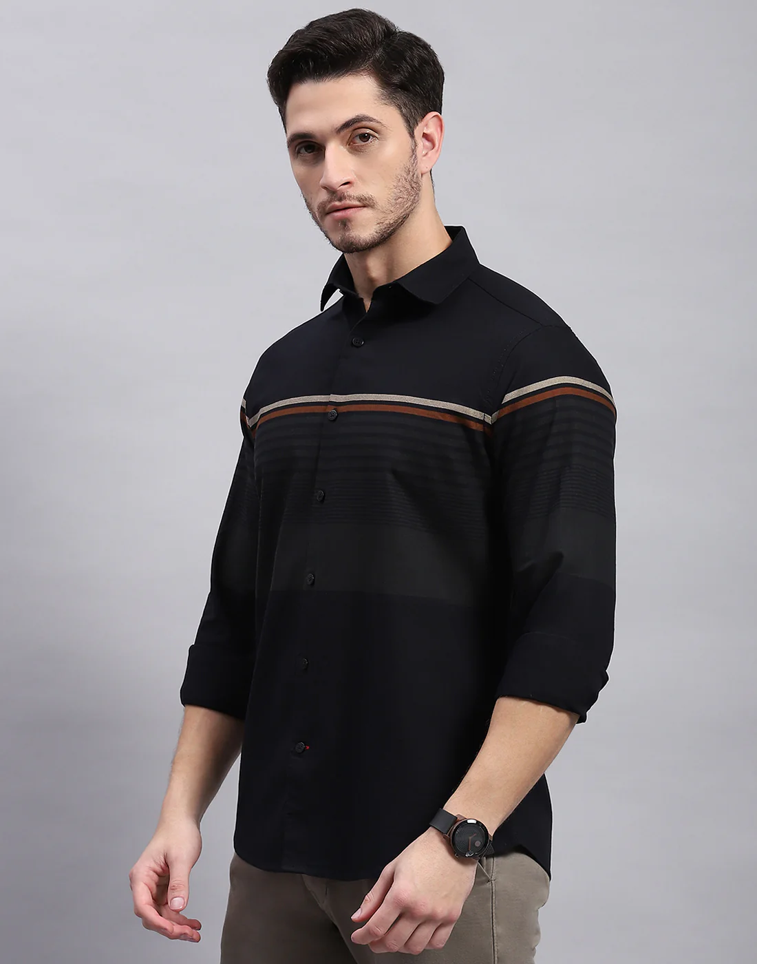 Men Black Stripe Collar Full Sleeve Shirt - Image 3