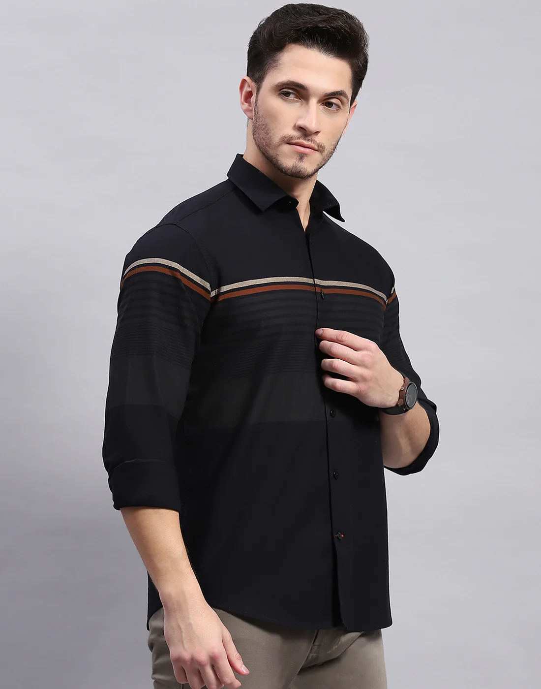 Men Black Stripe Collar Full Sleeve Shirt - Image 4