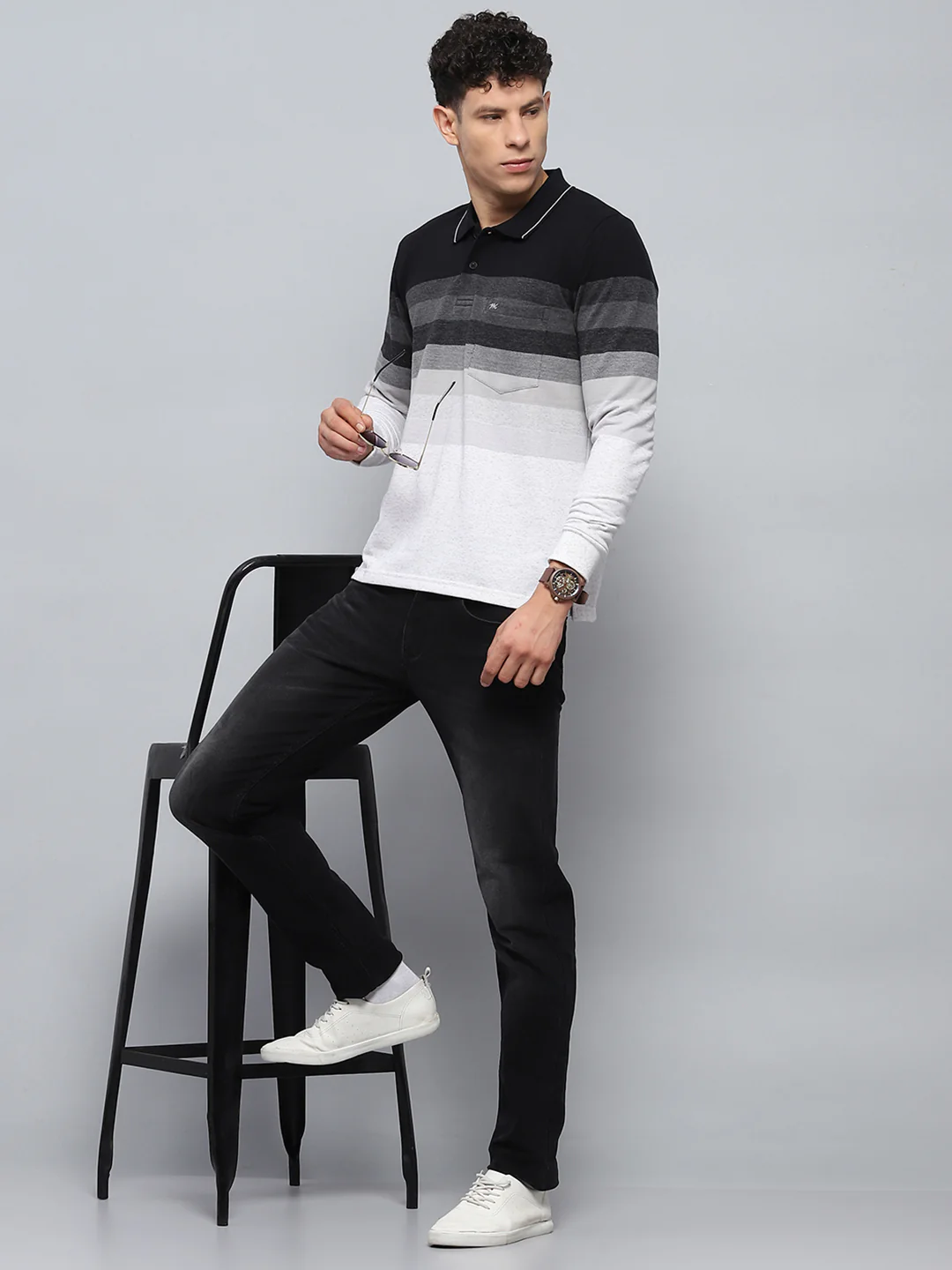 Men Black Stripe Collar Full Sleeve Winter T-Shirt - Image 2