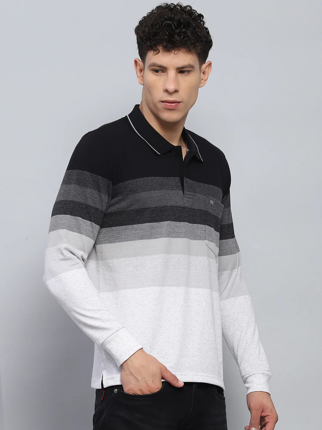 Men Black Stripe Collar Full Sleeve Winter T-Shirt - Image 4