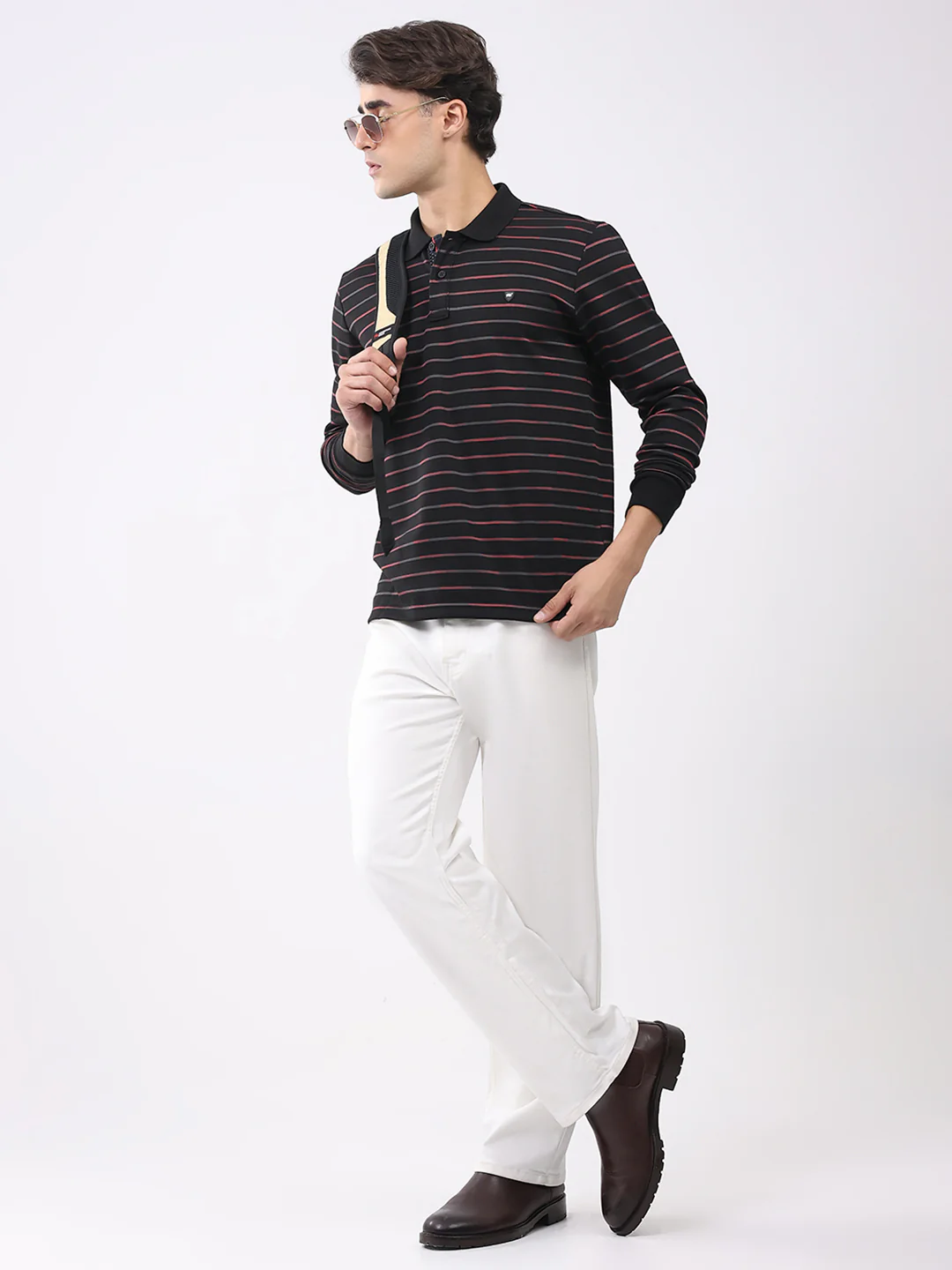 Men Black Stripe Collar Full Sleeve Winter T-Shirt - Image 2