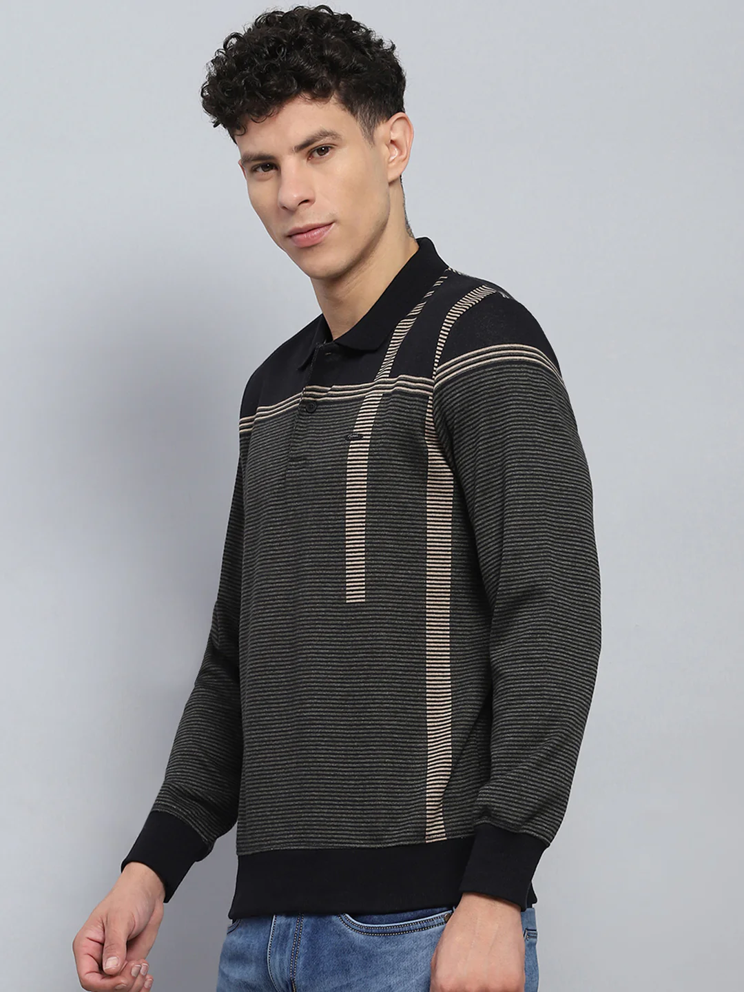 Men Black Stripe Collar Full Sleeve Winter T-Shirt - Image 3