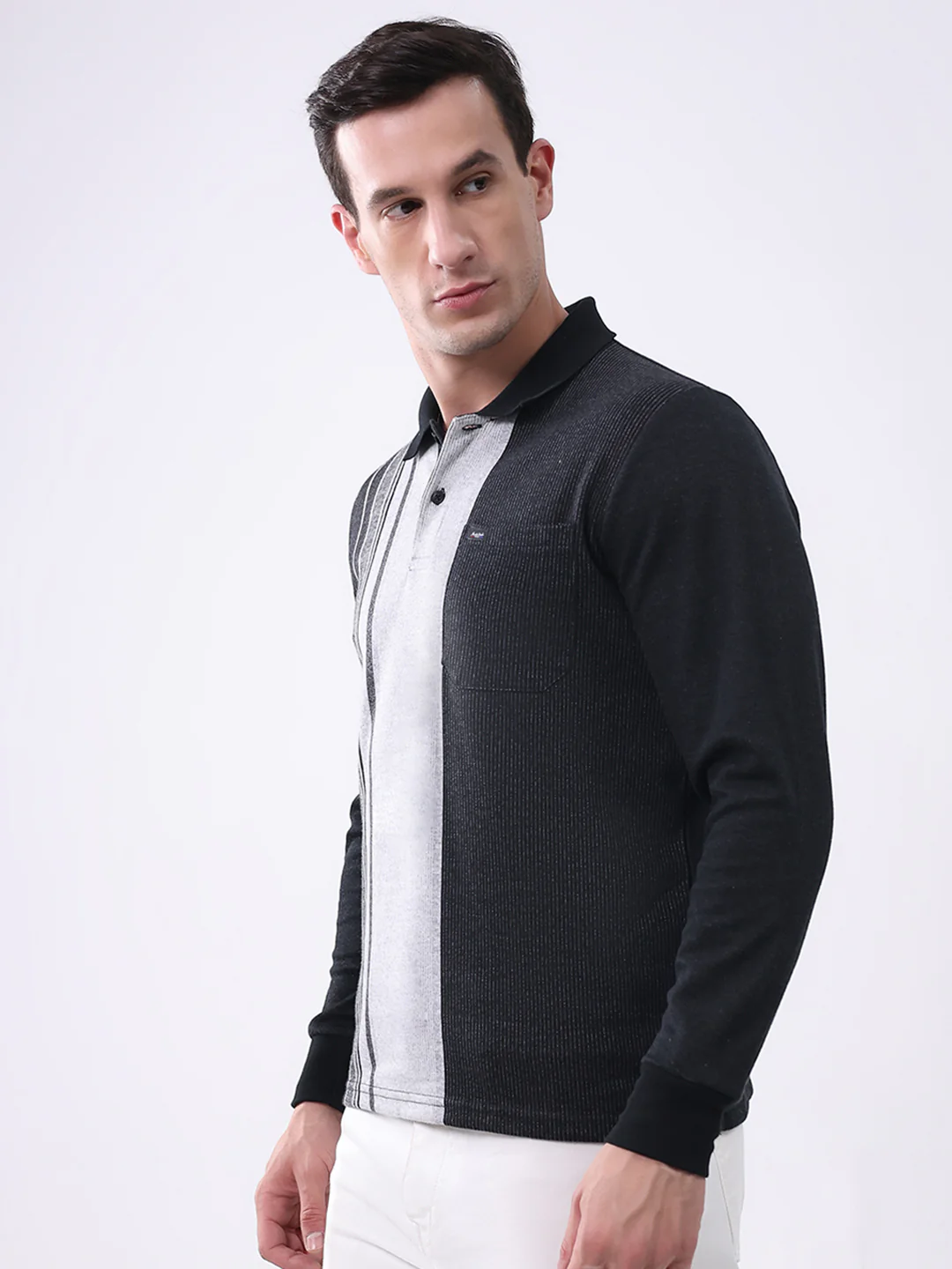 Men Black Stripe Collar Full Sleeve Winter T-Shirt - Image 3