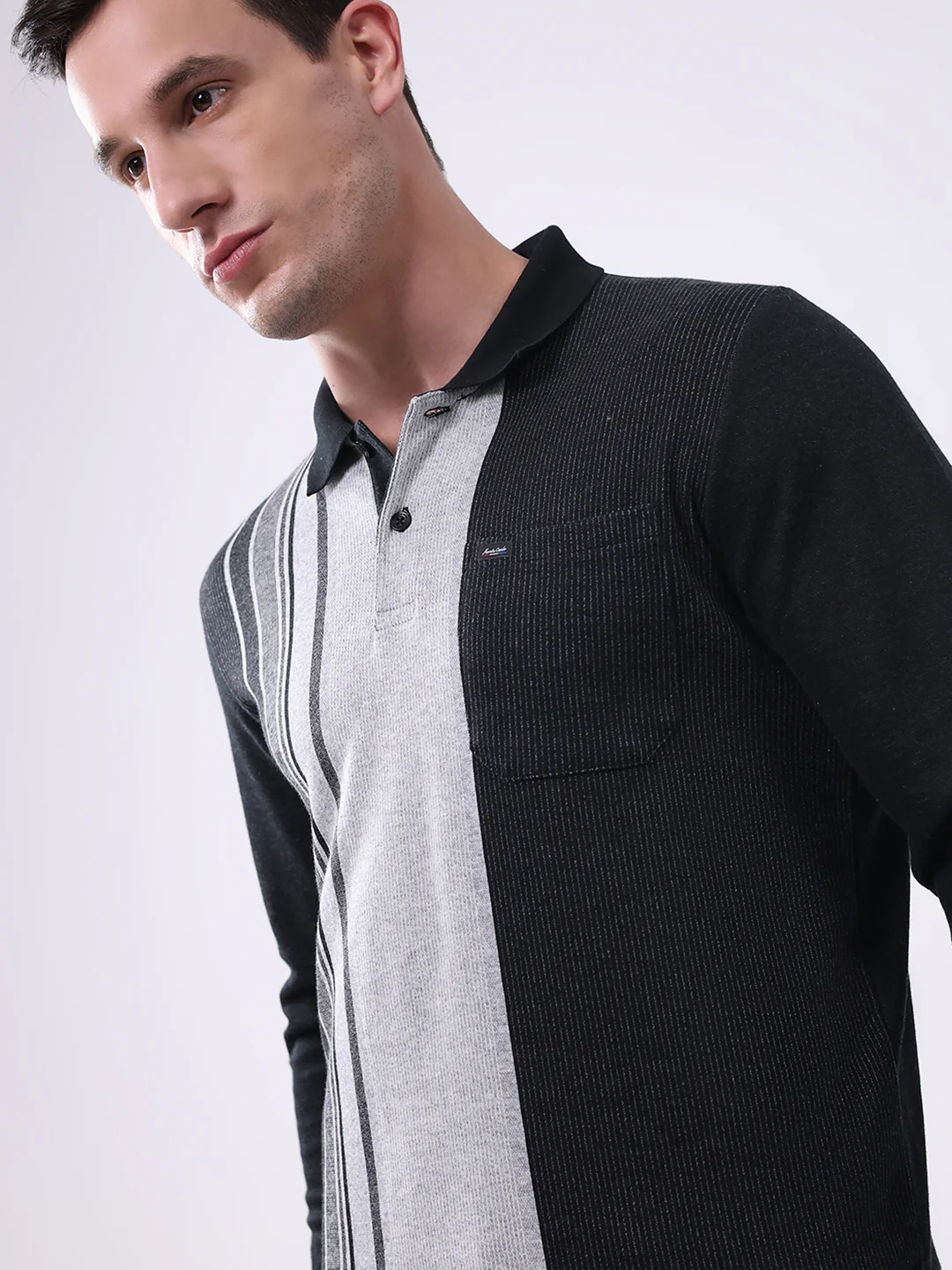 Men Black Stripe Collar Full Sleeve Winter T-Shirt - Image 6