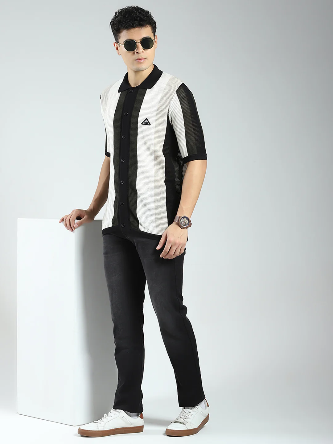 Rock.it Men Black Stripe Collar Half Sleeve Shirt - Image 2