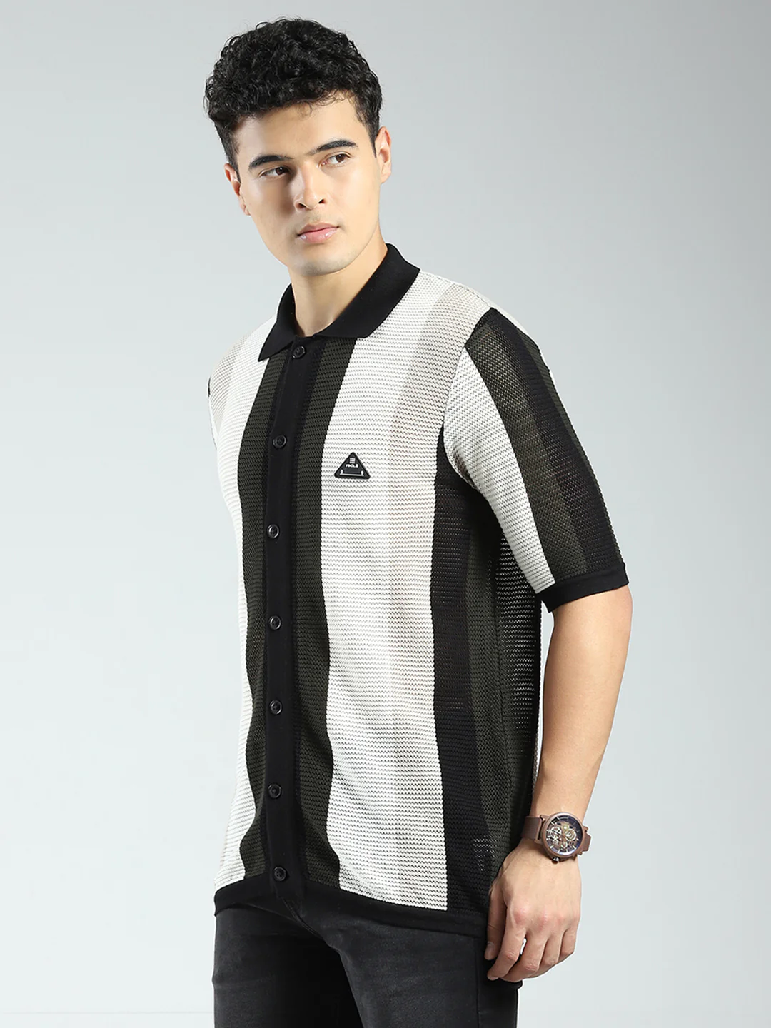 Rock.it Men Black Stripe Collar Half Sleeve Shirt - Image 3
