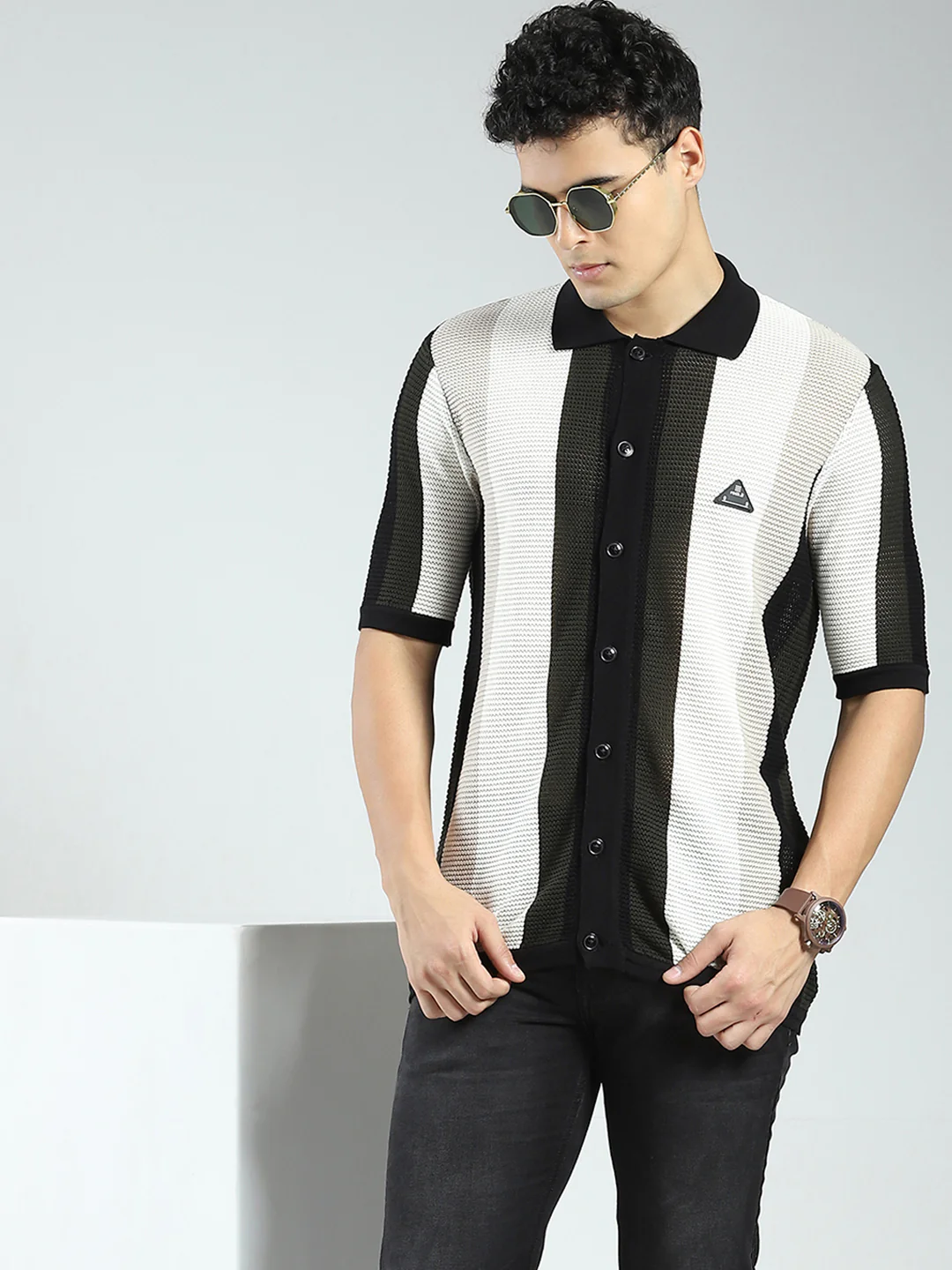 Rock.it Men Black Stripe Collar Half Sleeve Shirt - Image 6