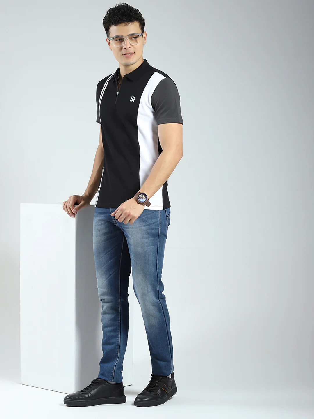 Rock.it Men Black Stripe Collar Half Sleeve T-Shirt - Image 2