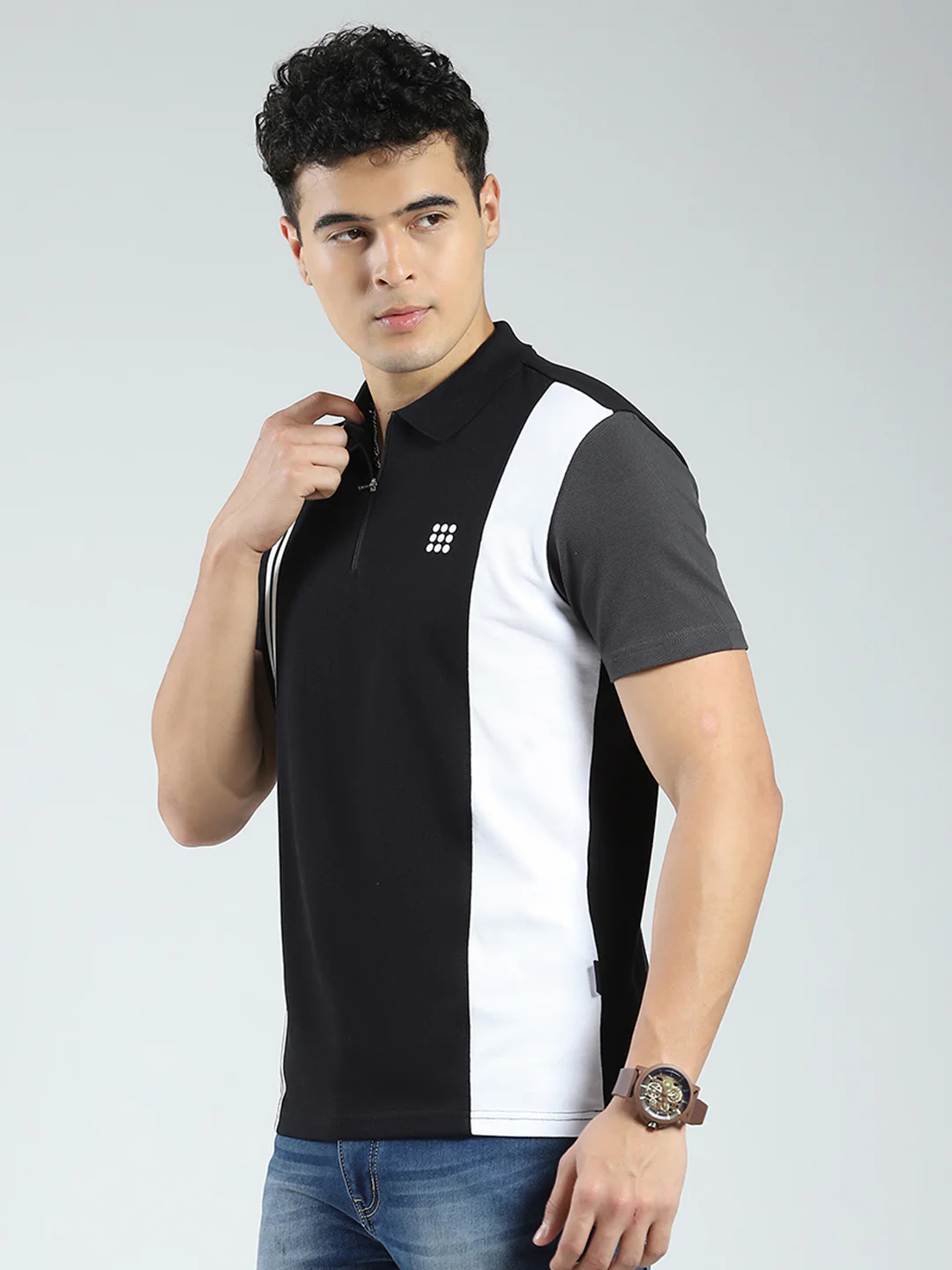 Rock.it Men Black Stripe Collar Half Sleeve T-Shirt - Image 3