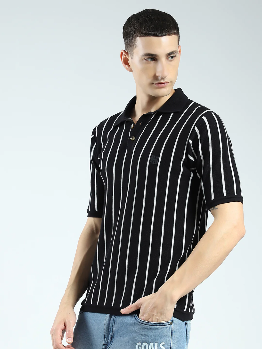 Rock.it Men Black Stripe Collar Half Sleeve T-Shirt - Image 3