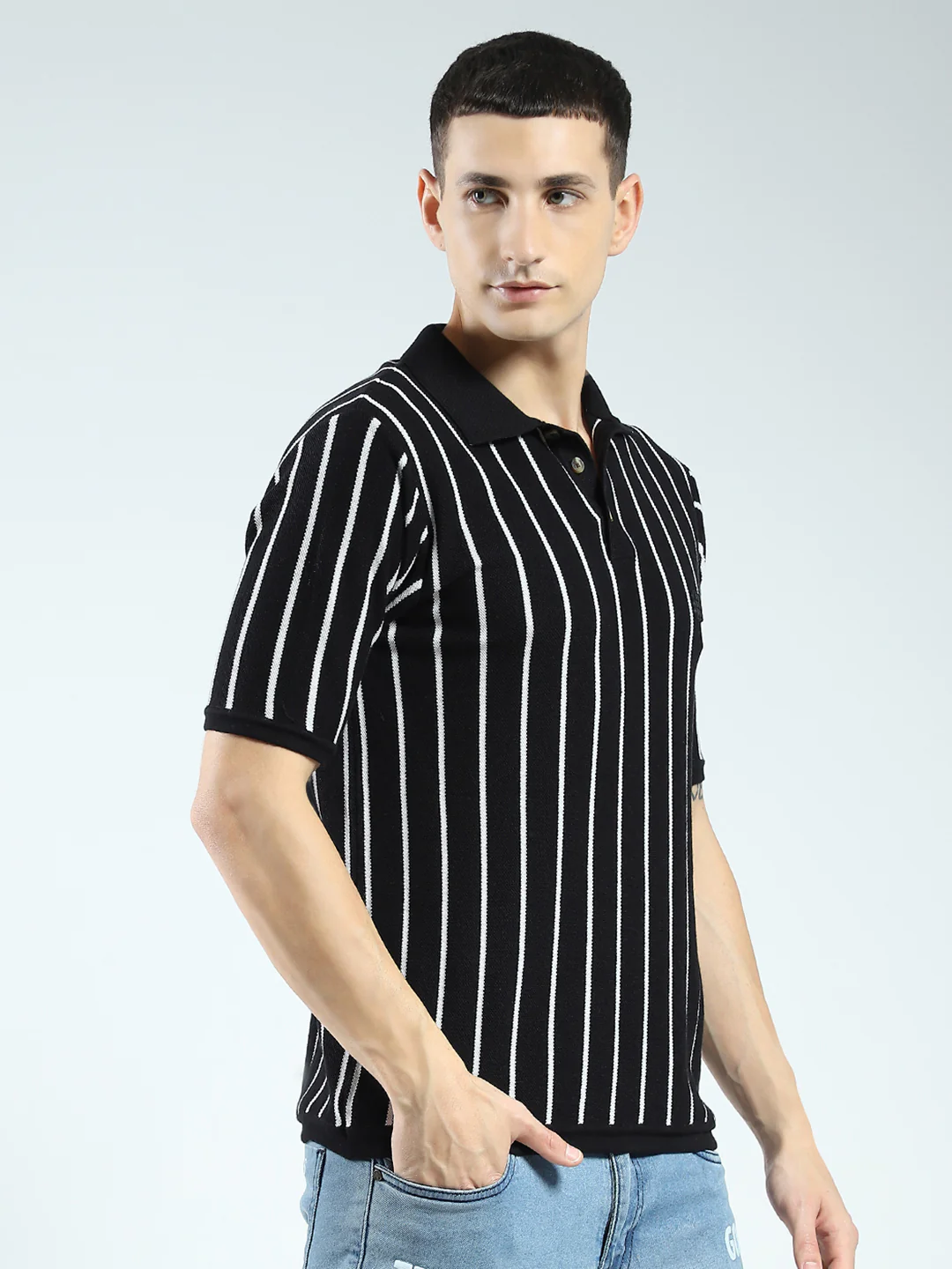 Rock.it Men Black Stripe Collar Half Sleeve T-Shirt - Image 4