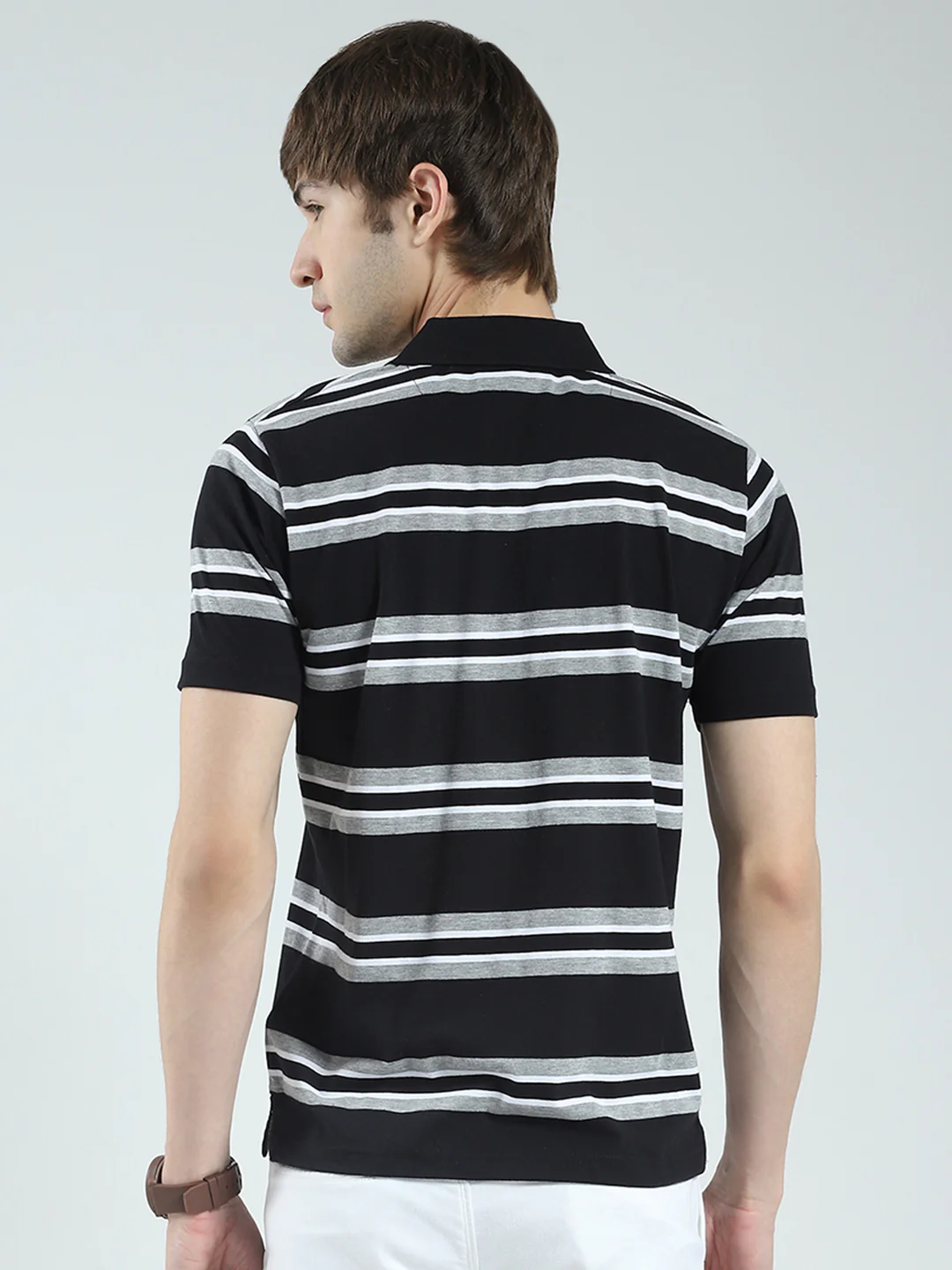 Men Black Stripe Collar Half Sleeve T-Shirt - Image 5