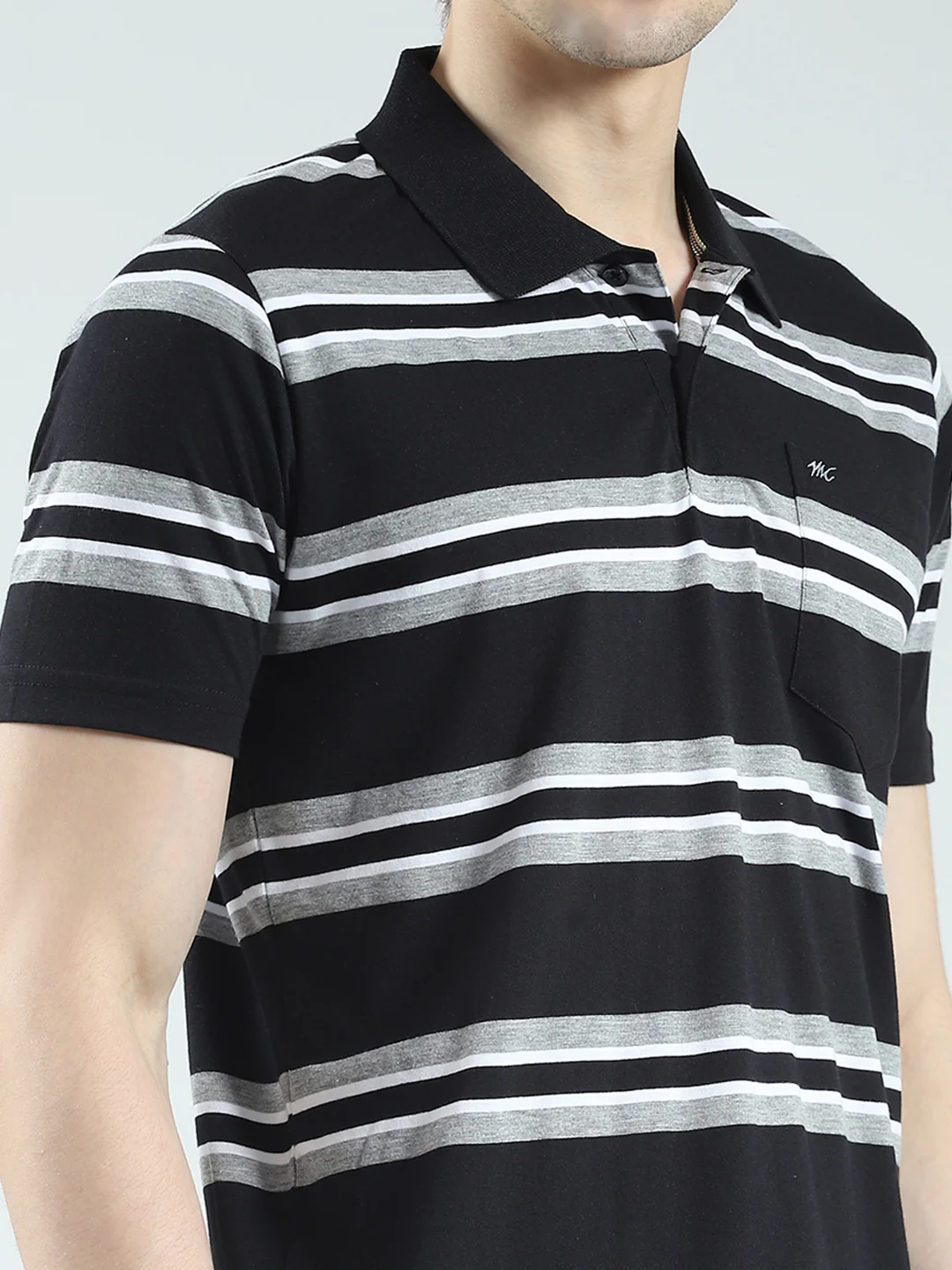 Men Black Stripe Collar Half Sleeve T-Shirt - Image 6