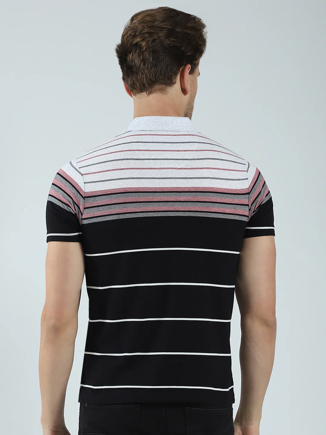 Men Black Stripe Collar Half Sleeve T-Shirt - Image 5