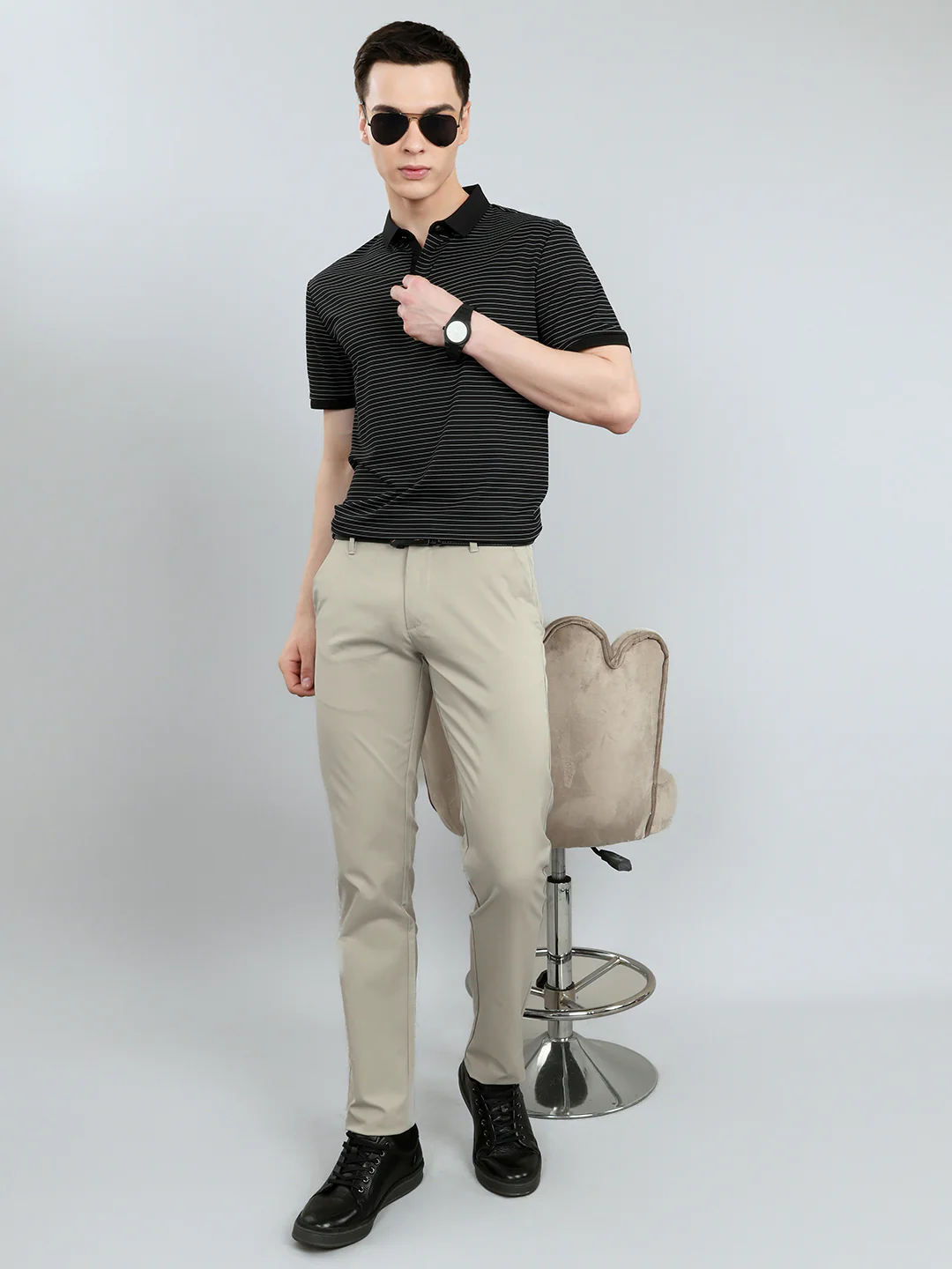 Men Black Stripe Collar Half Sleeve T-Shirt - Image 6