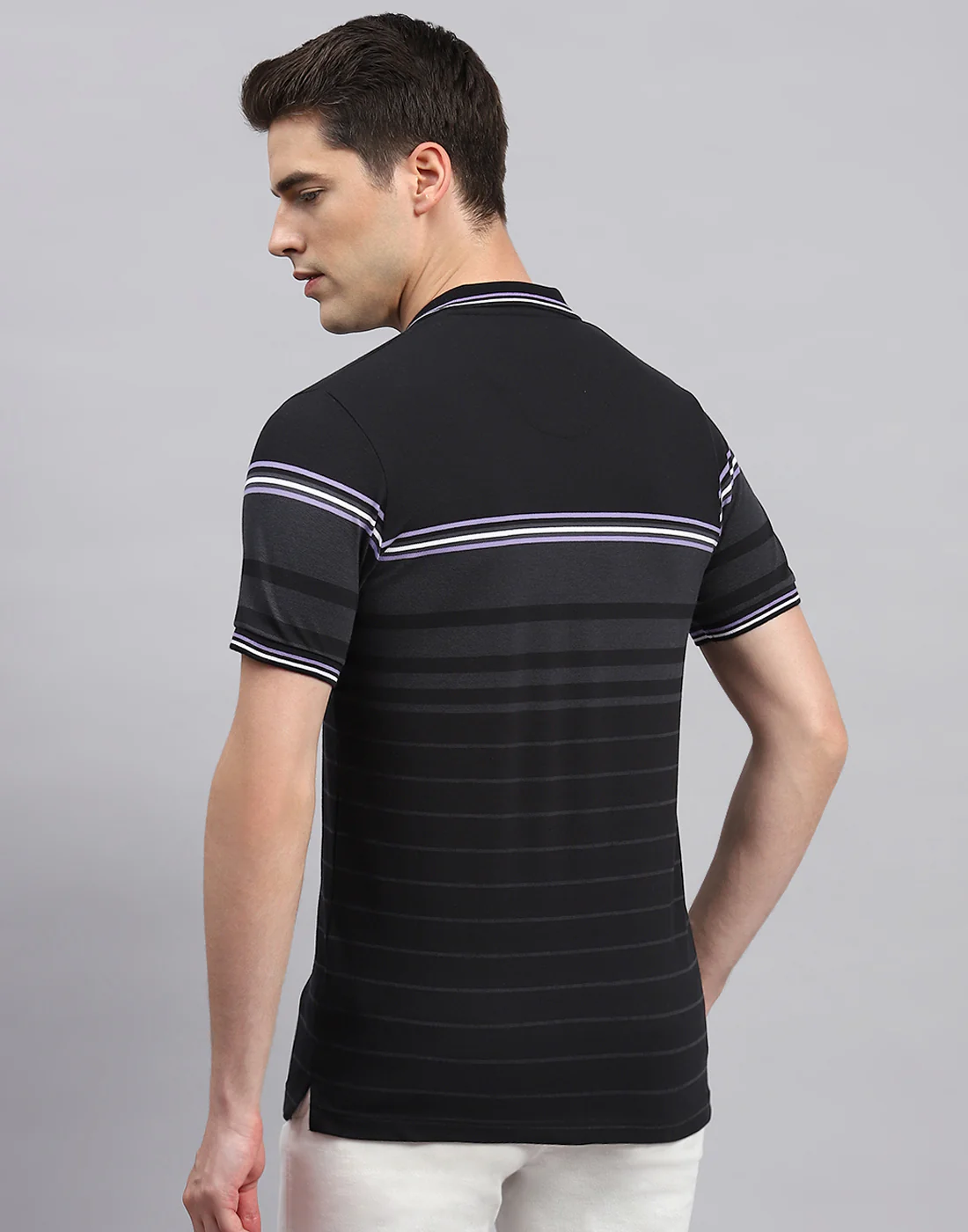 Men Black Stripe Collar Neck Half Sleeve T-Shirt - Image 5