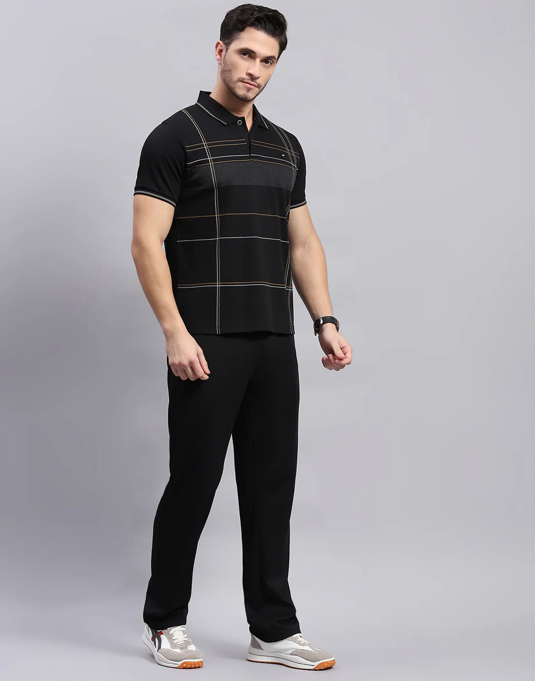 Men Black Stripe Polo Collar Half Sleeve Lower Set - Image 4