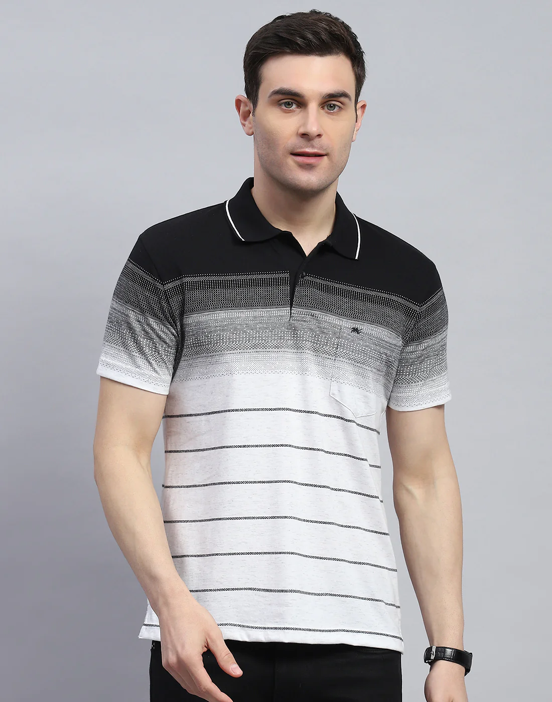 Men Black Stripe Polo Collar Half Sleeve T-Shirt - Image 3