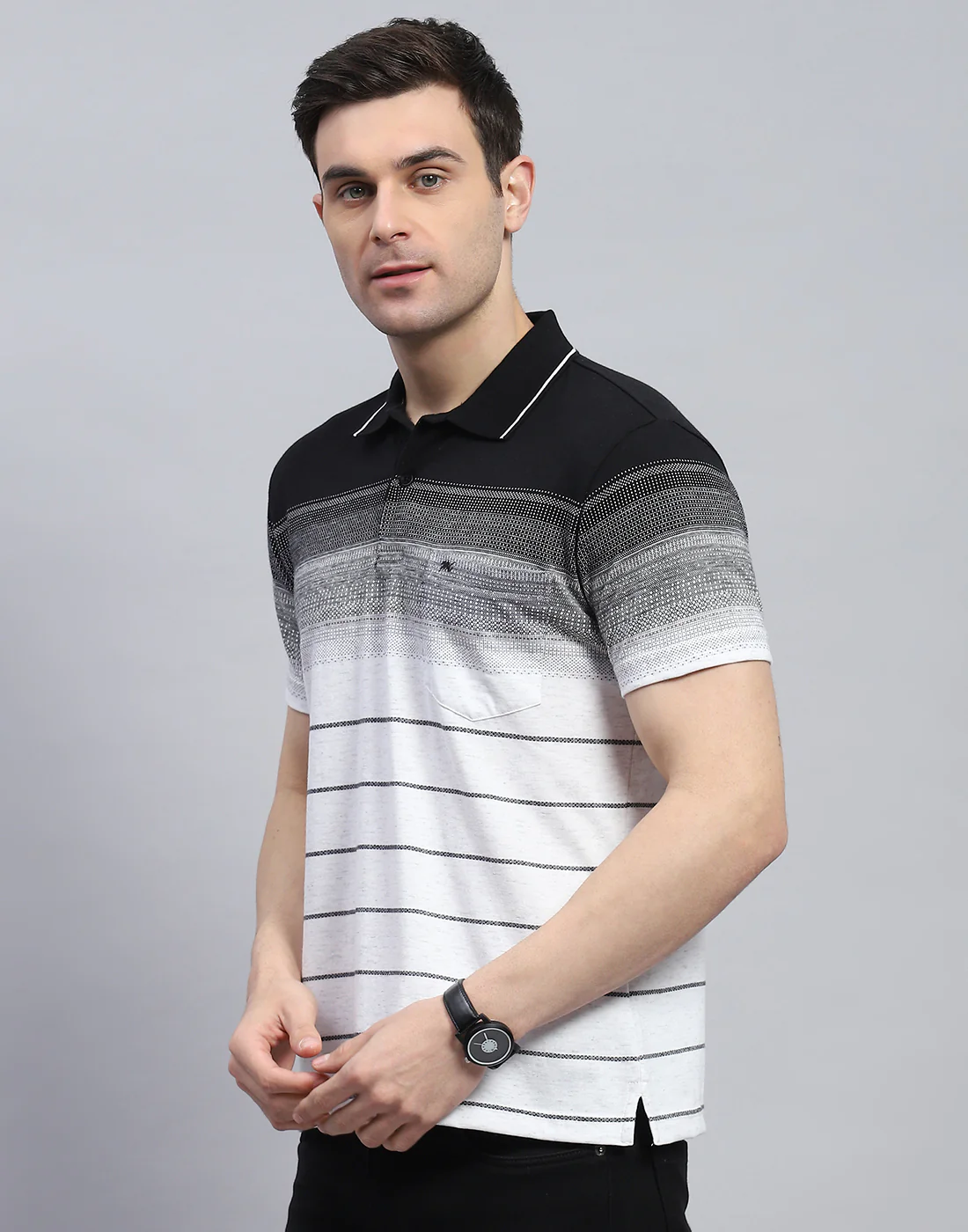 Men Black Stripe Polo Collar Half Sleeve T-Shirt - Image 4