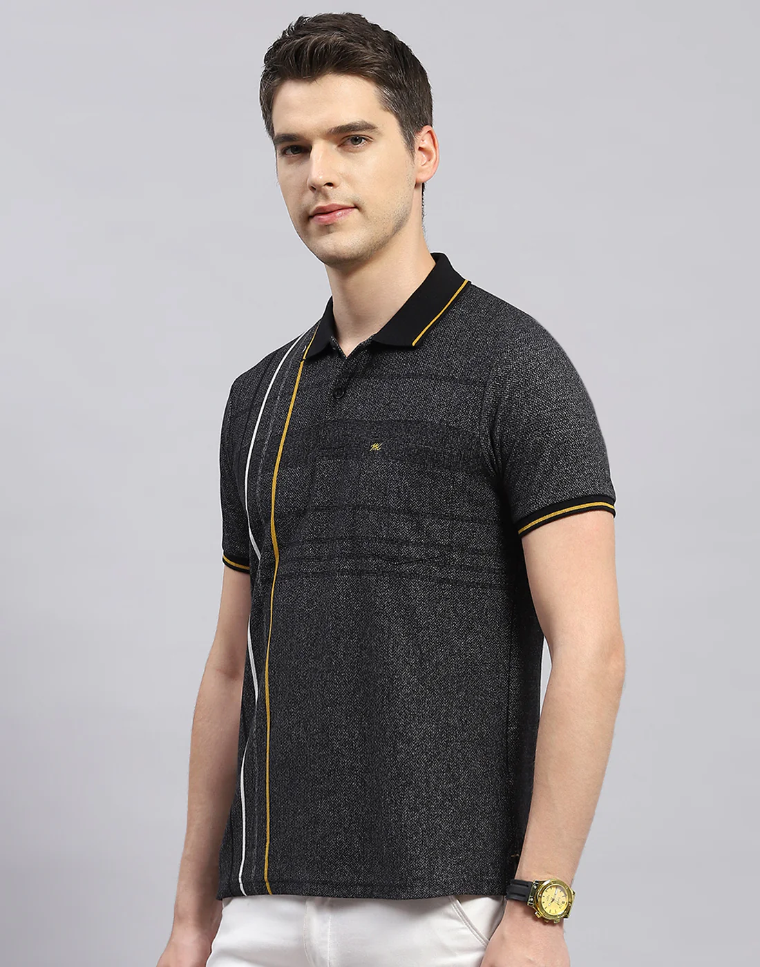 Men Black Stripe Polo Collar Half Sleeve T-Shirt - Image 3