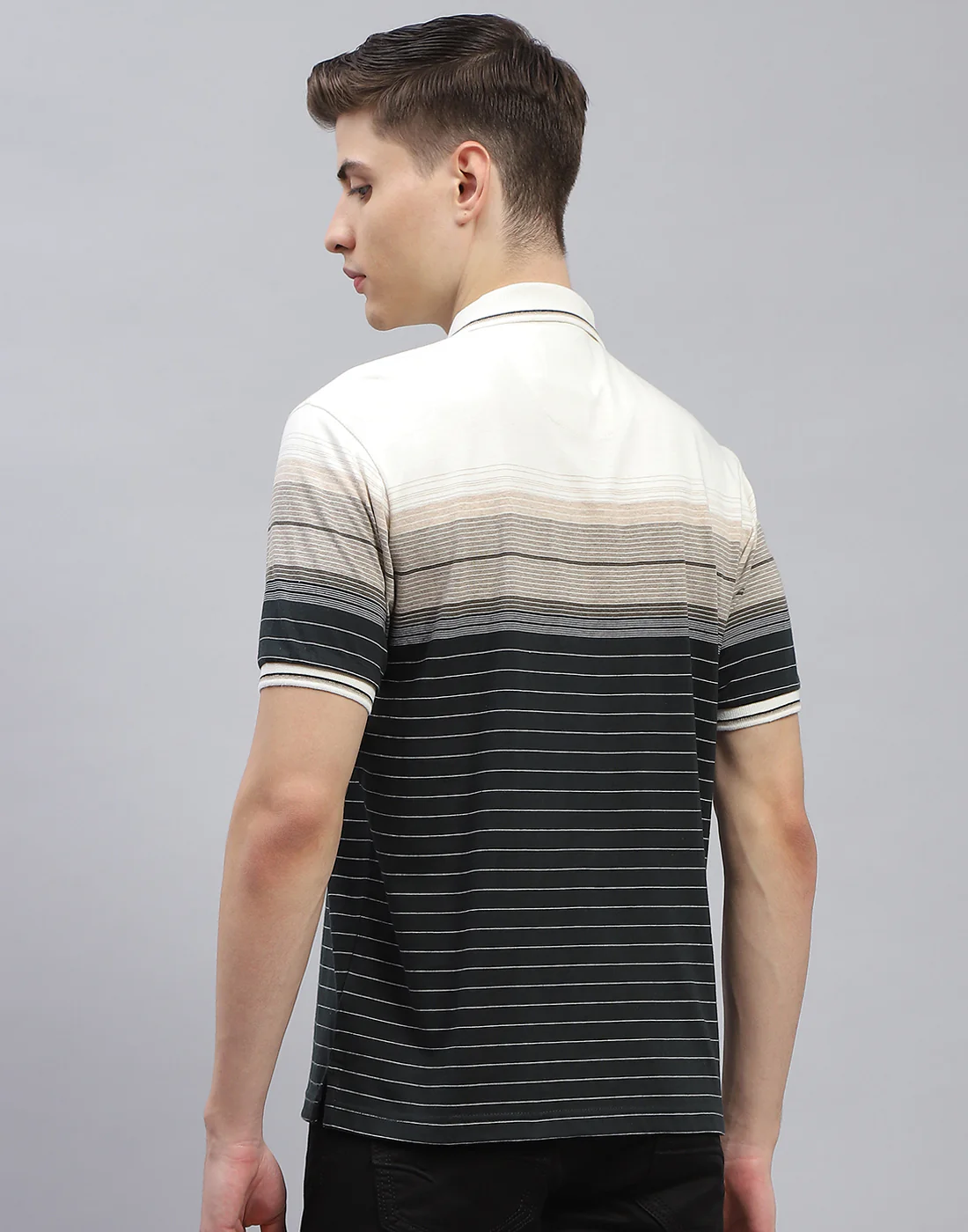 Men Black Stripe Polo Collar Half Sleeve T-Shirt - Image 6