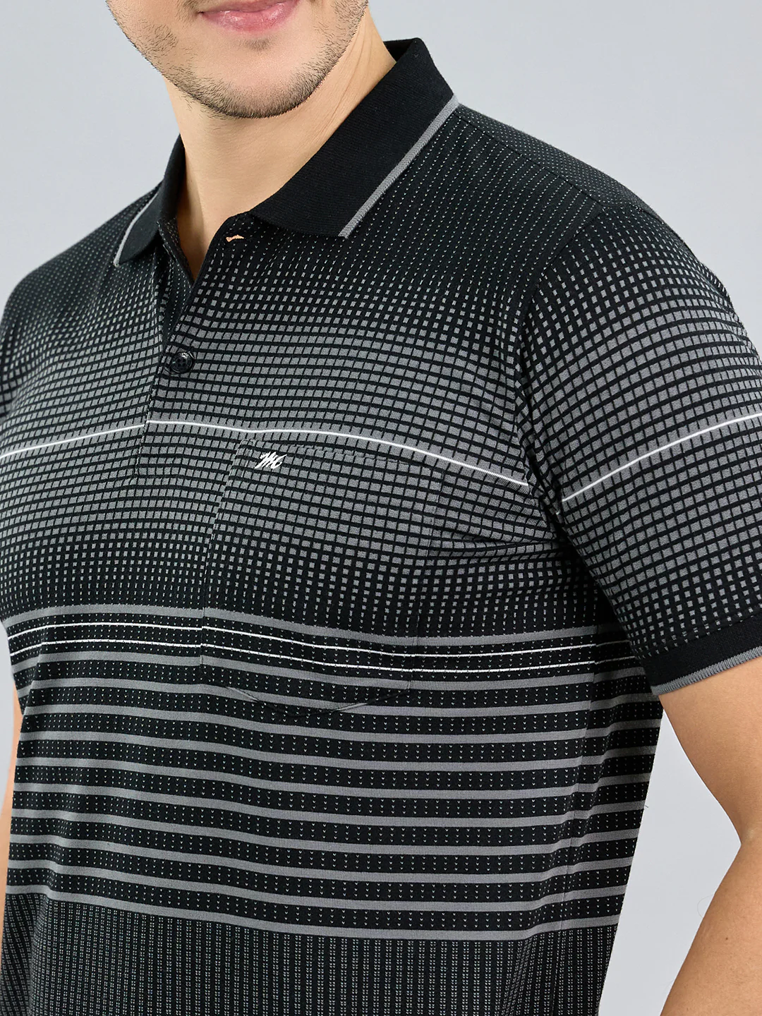 Men Black Stripe Polo Collar Half Sleeve T-Shirt - Image 5