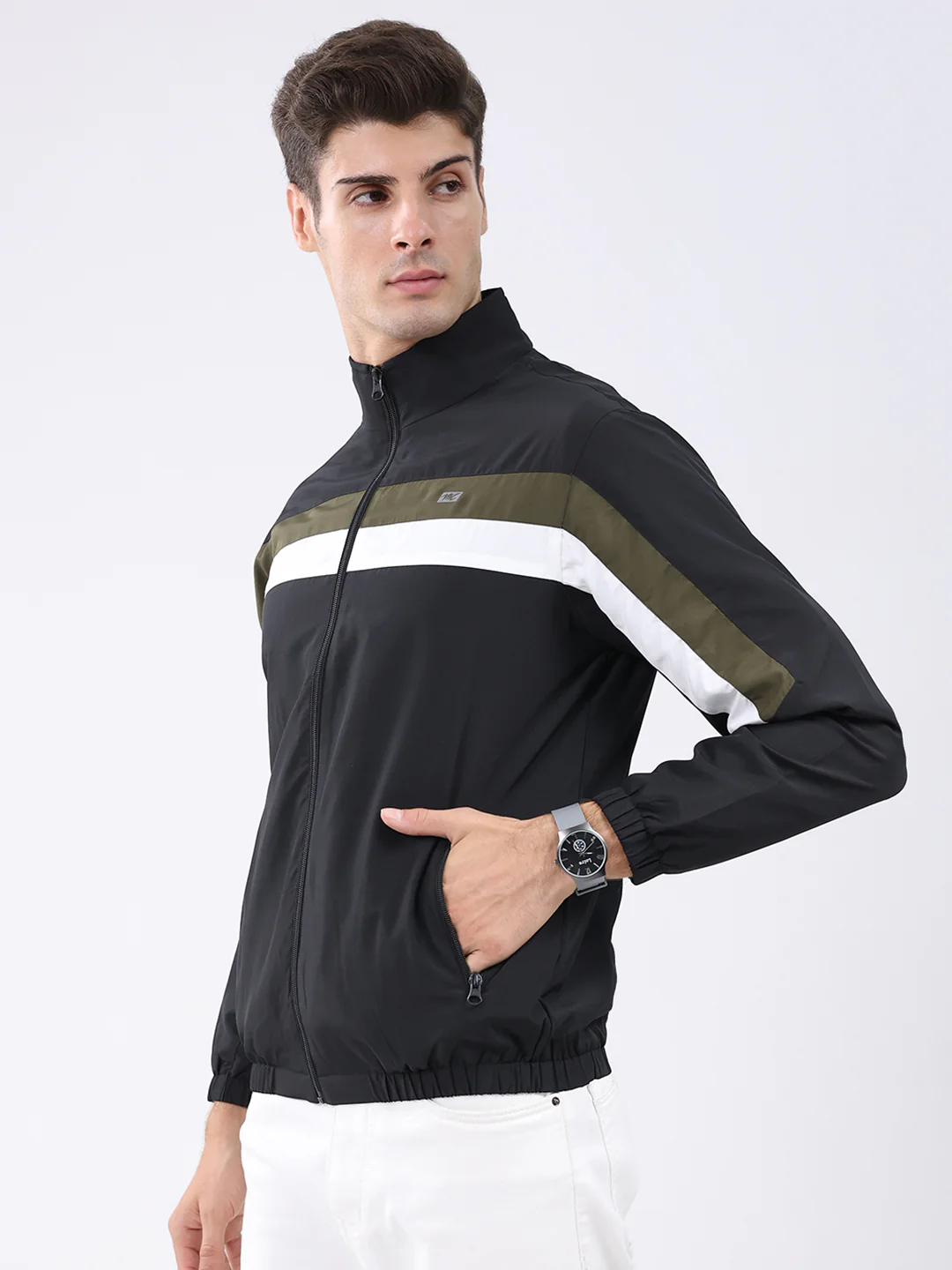 Men Black Stripe Stand Collar Full Sleeve Jacket - Image 3