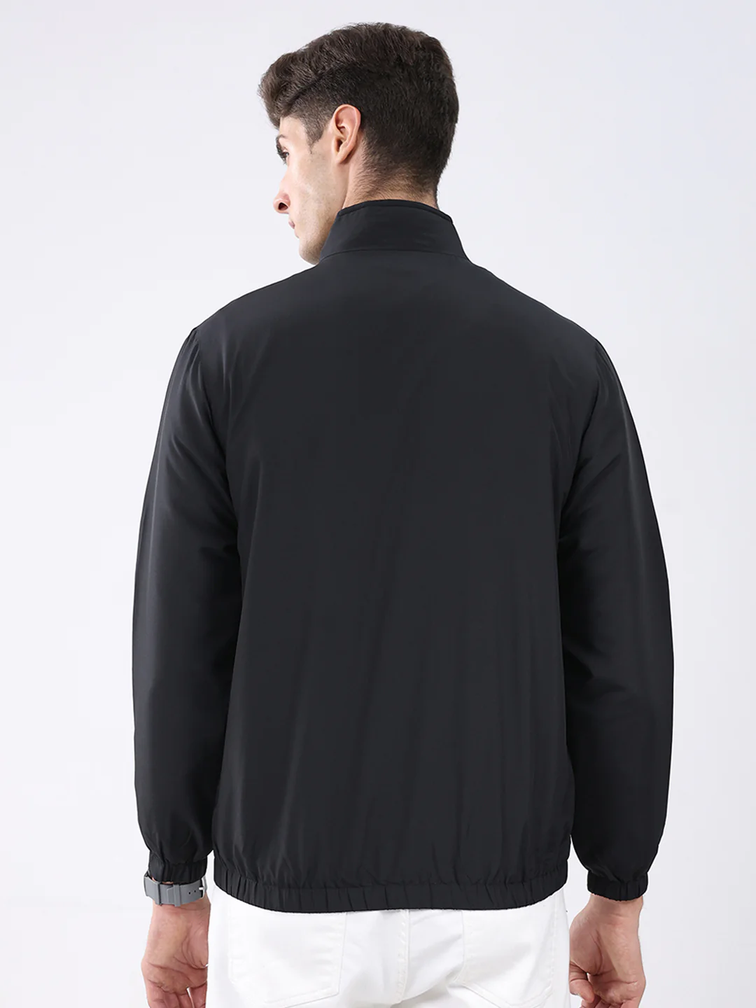 Men Black Stripe Stand Collar Full Sleeve Jacket - Image 5