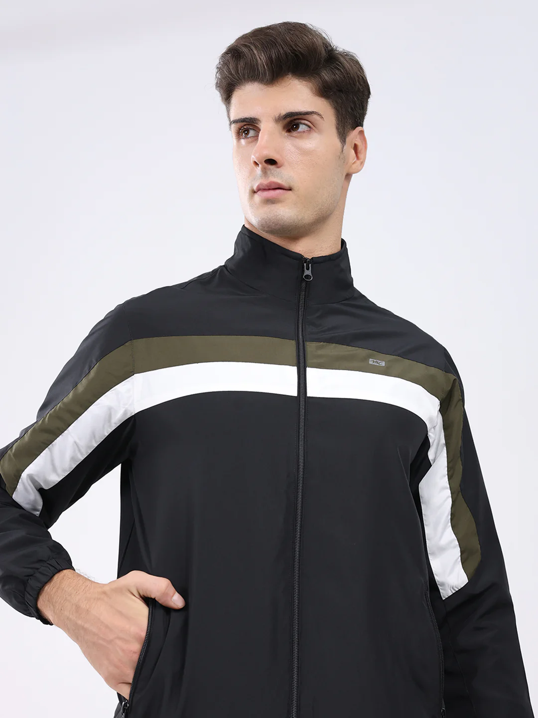 Men Black Stripe Stand Collar Full Sleeve Jacket - Image 6