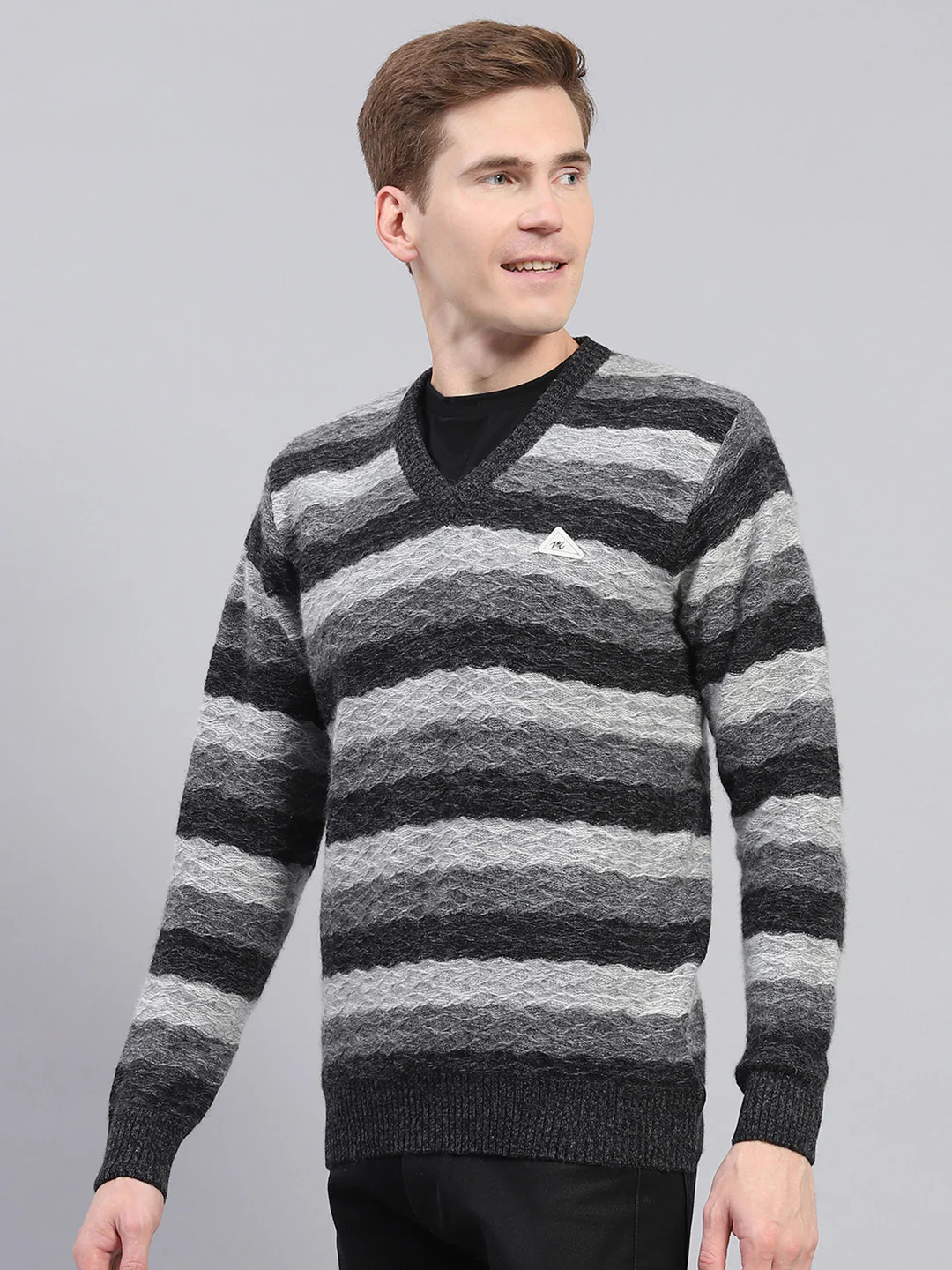 Men Black Stripe V Neck Full Sleeve Pullover - Image 2