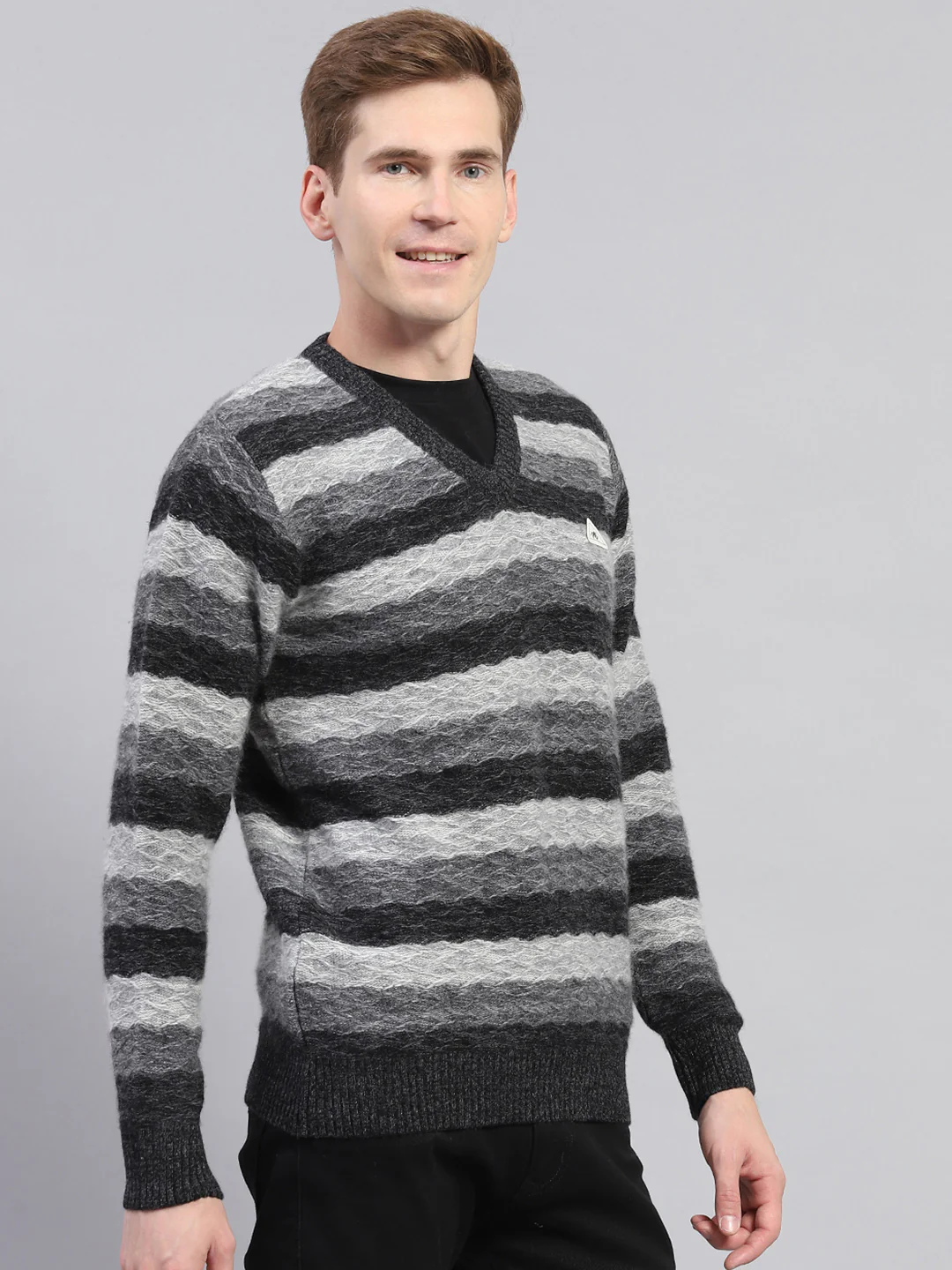 Men Black Stripe V Neck Full Sleeve Pullover - Image 3