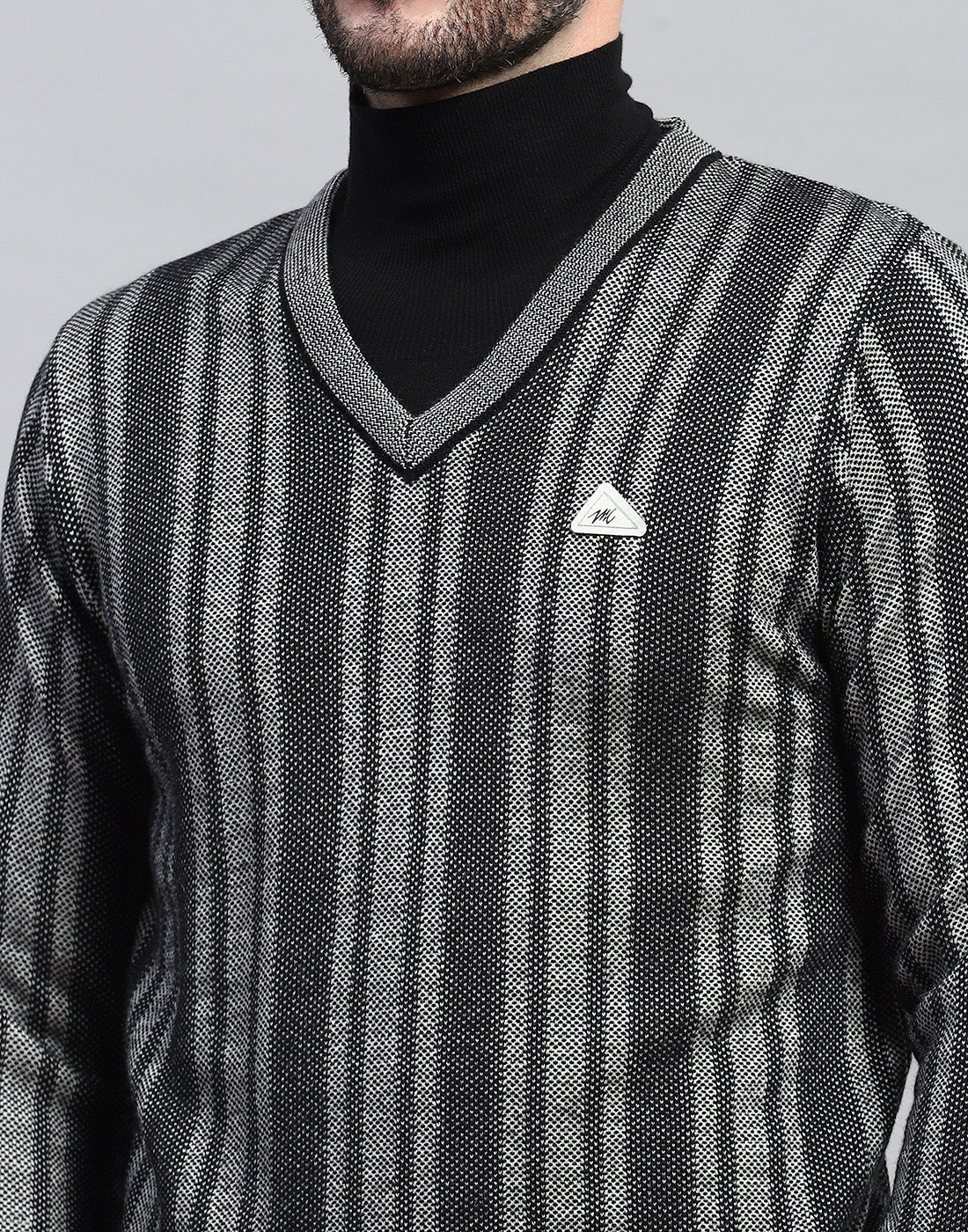 Men Black Stripe V Neck Full Sleeve Pullover - Image 6