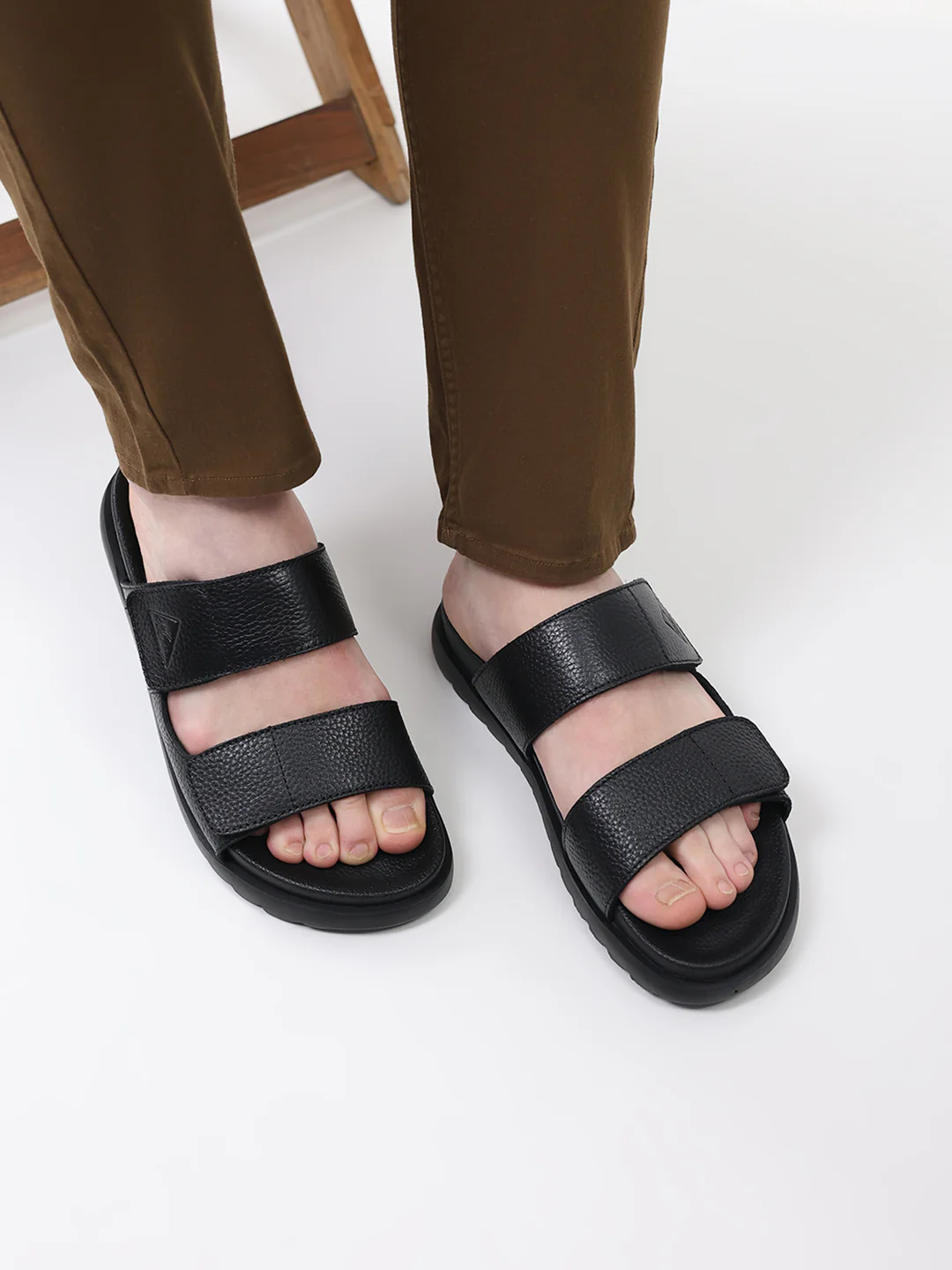 Men Black Velcro Genuine Leather Sliders - Image 10