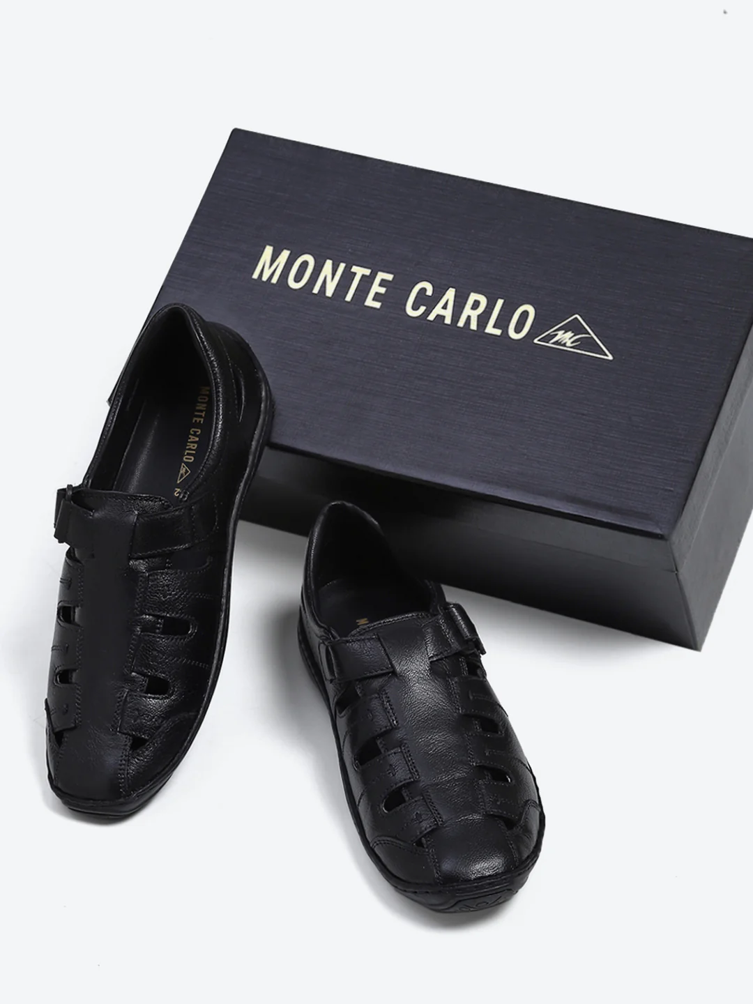 Men Black Velcro Leather Sandals - Image 2
