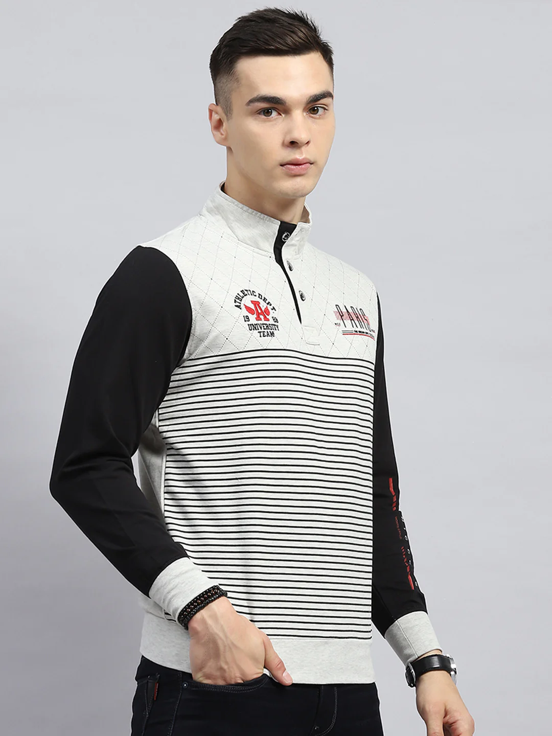Men Black & White Printed Mock Neck Full Sleeve Winter T-Shirt - Image 4