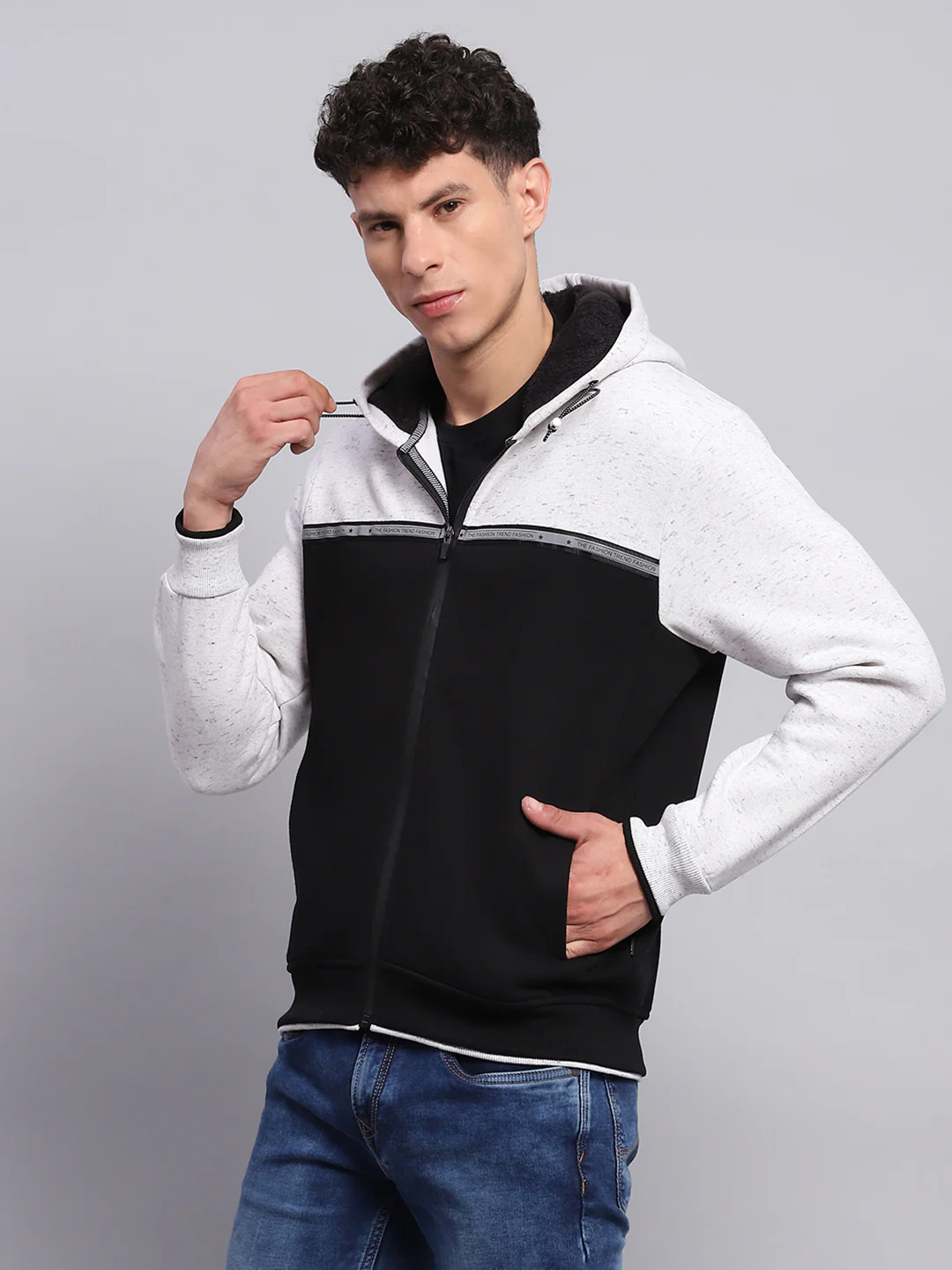 Men Black & White Solid Hooded Full Sleeve Sweatshirt - Image 3
