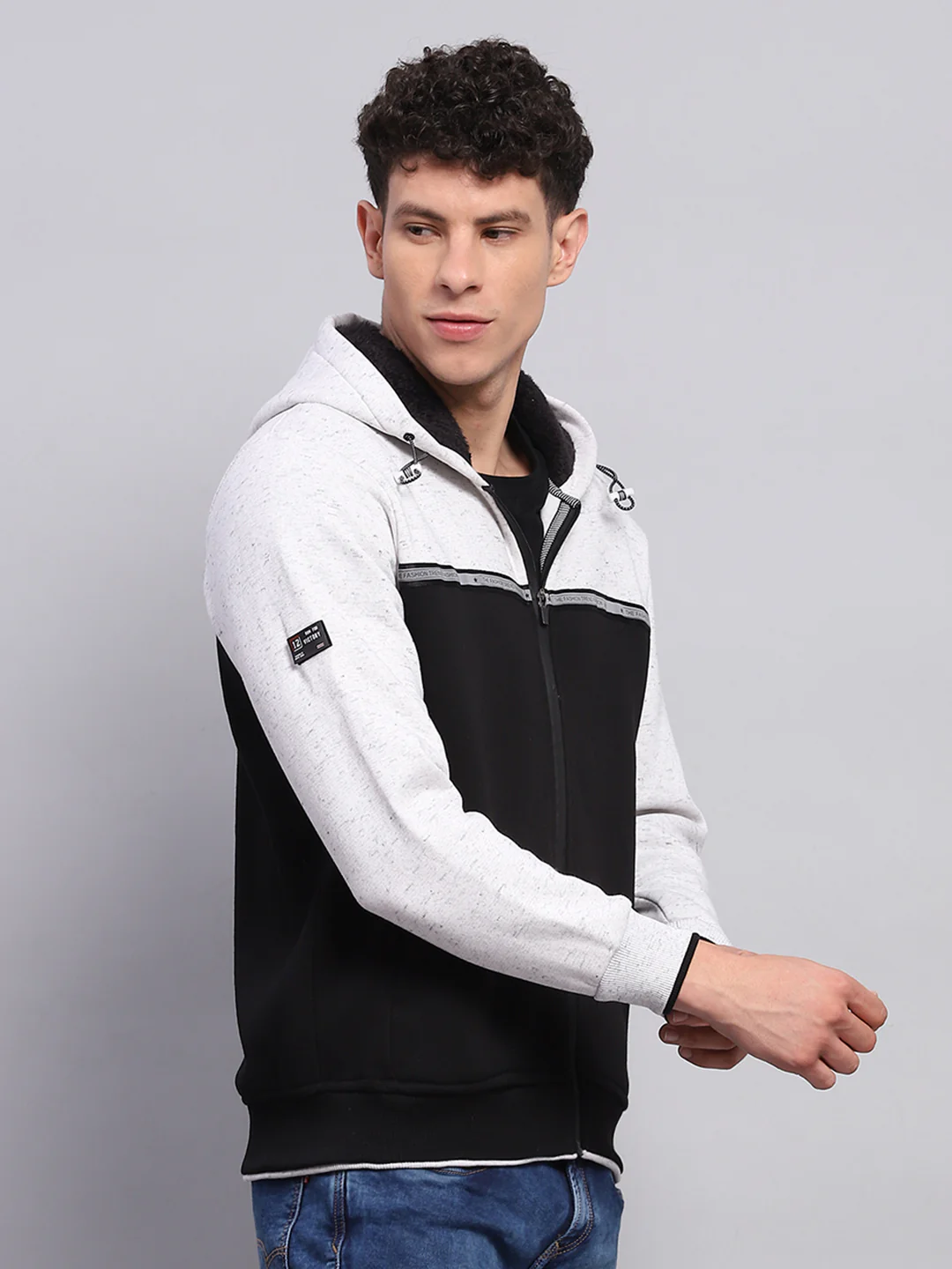 Men Black & White Solid Hooded Full Sleeve Sweatshirt - Image 4