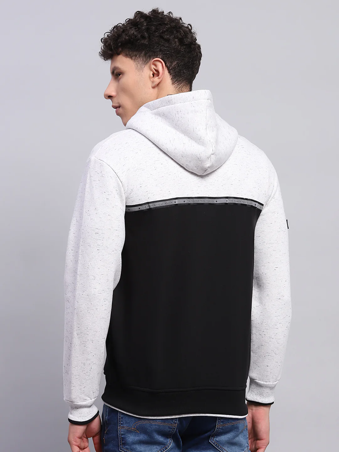 Men Black & White Solid Hooded Full Sleeve Sweatshirt - Image 5