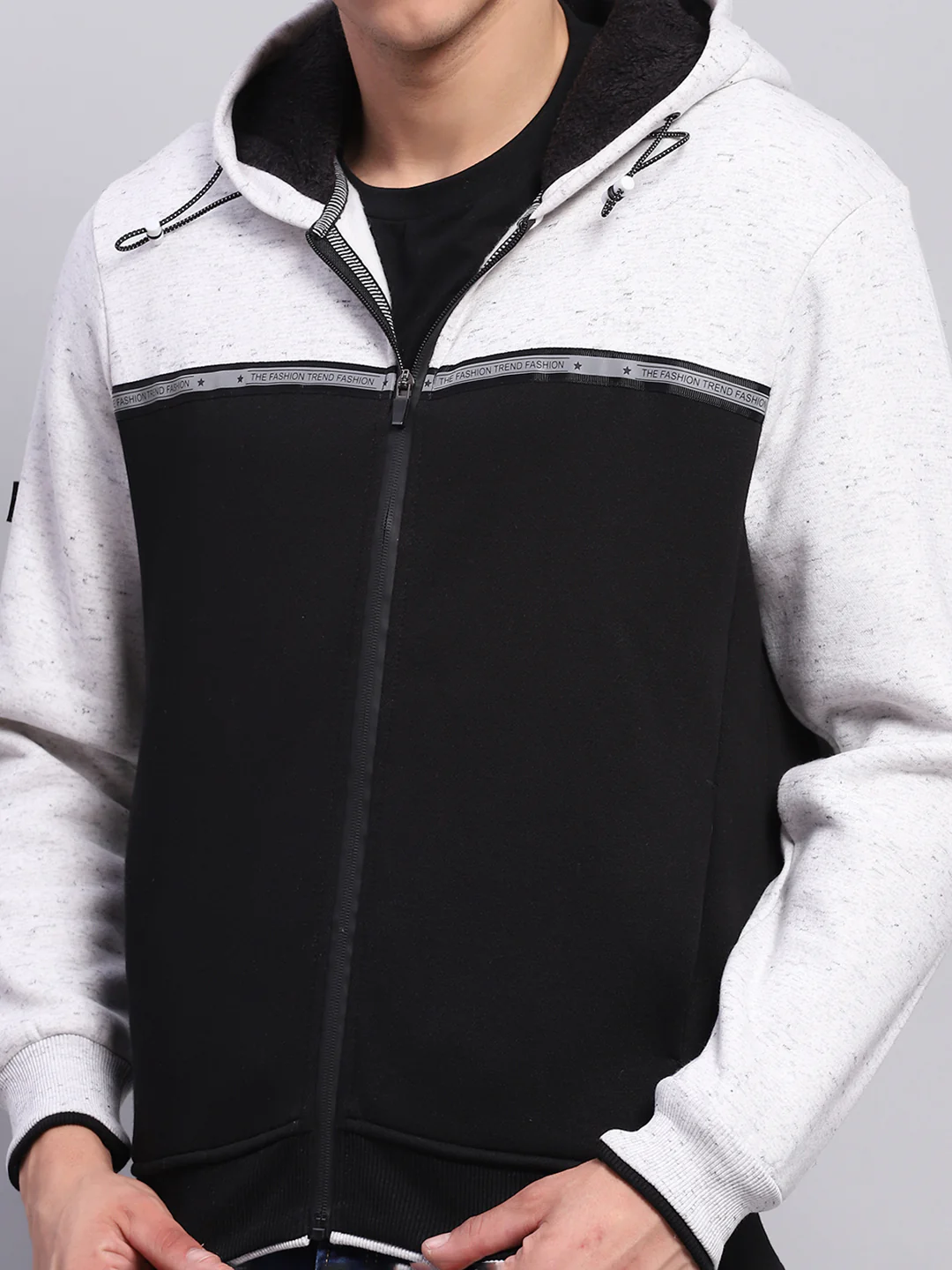 Men Black & White Solid Hooded Full Sleeve Sweatshirt - Image 6