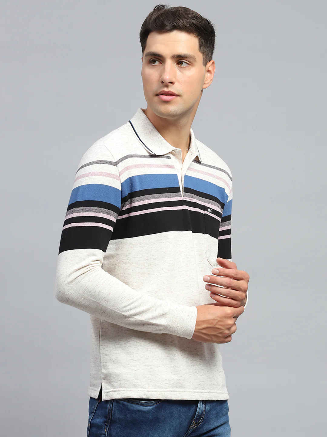 Men Black & White Stripe Collar Full Sleeve Winter T-Shirt - Image 4