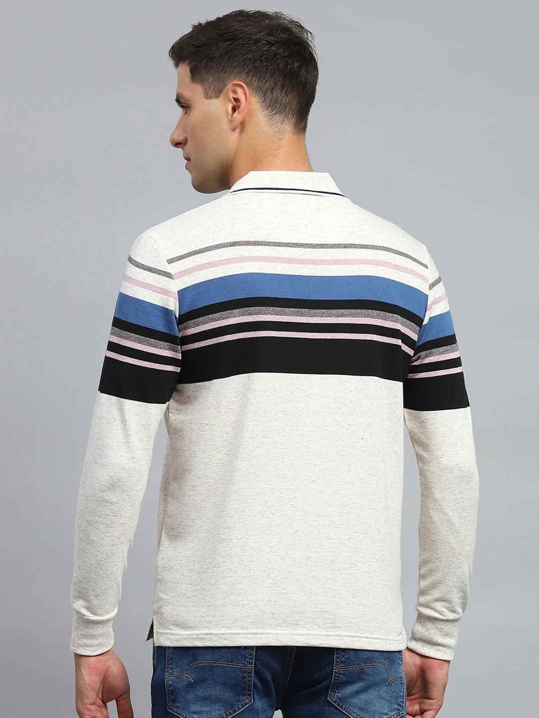 Men Black & White Stripe Collar Full Sleeve Winter T-Shirt - Image 5