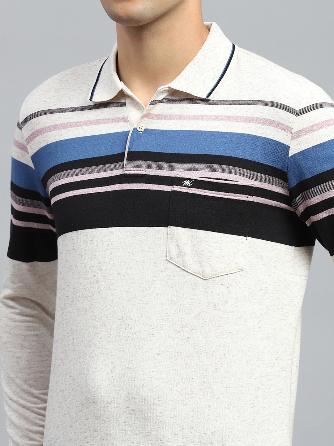 Men Black & White Stripe Collar Full Sleeve Winter T-Shirt - Image 7