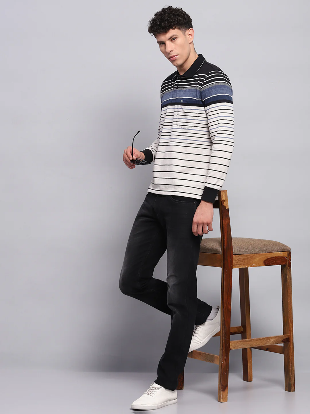 Men Black & White Stripe Collar Full Sleeve Winter T-Shirt - Image 2