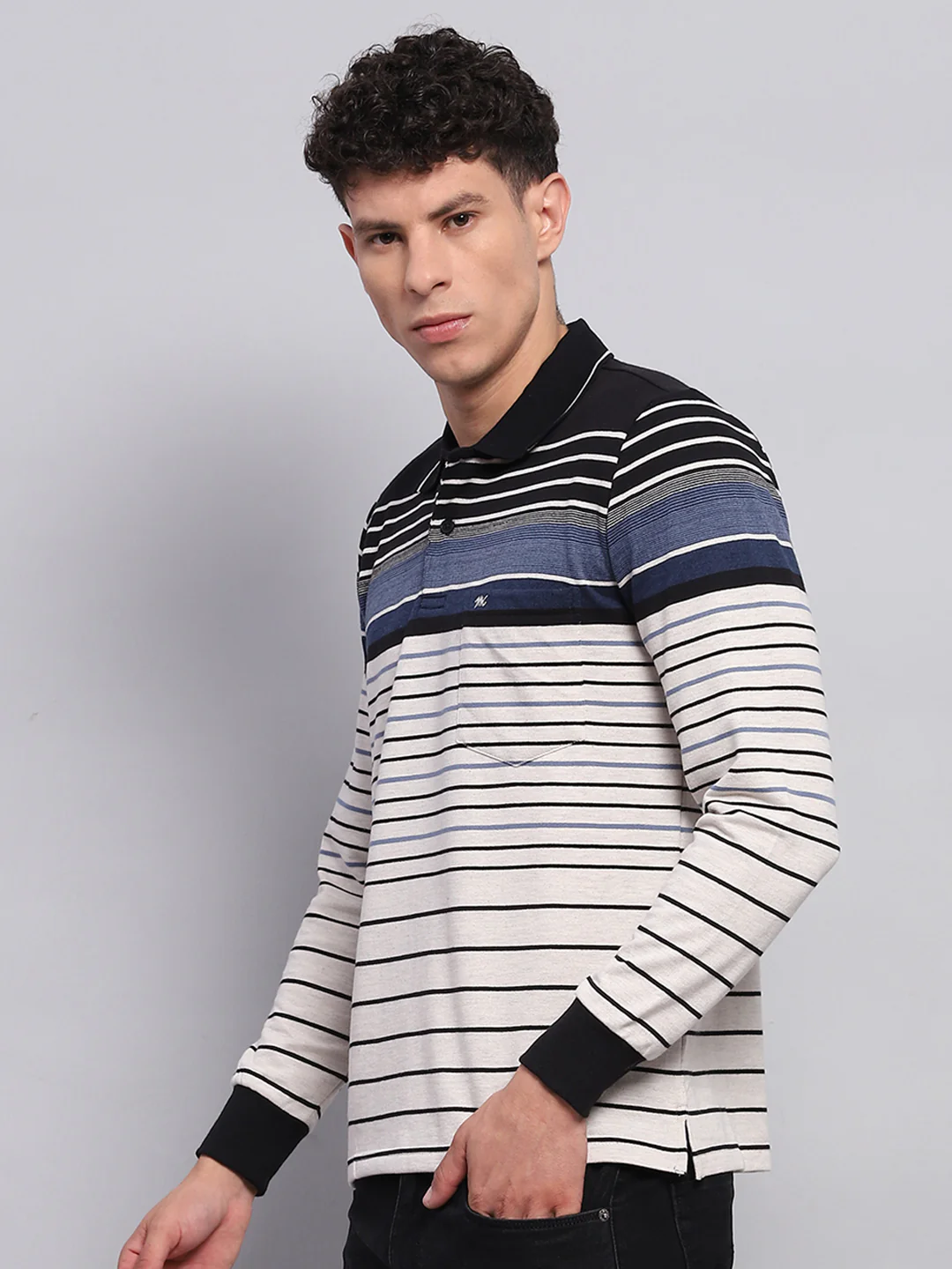 Men Black & White Stripe Collar Full Sleeve Winter T-Shirt - Image 3