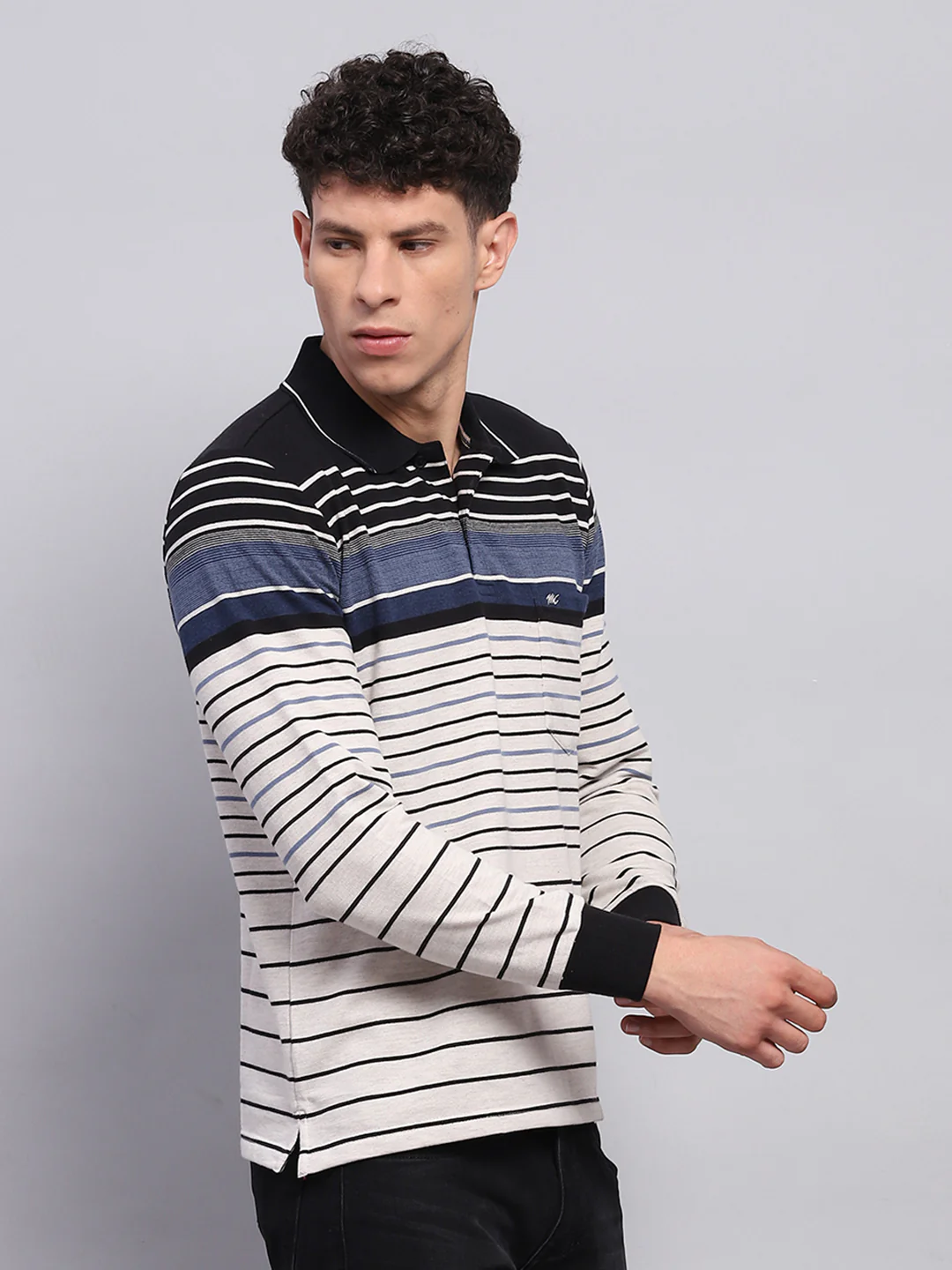 Men Black & White Stripe Collar Full Sleeve Winter T-Shirt - Image 4